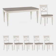 180cm Extending Table & 6 X Back Chairs In Grey Washed Oak & Soft Grey - Chateau