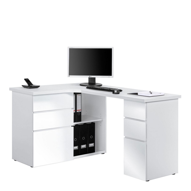 Corner Storage Desk In Icy White & High Gloss Fronts - Alpha