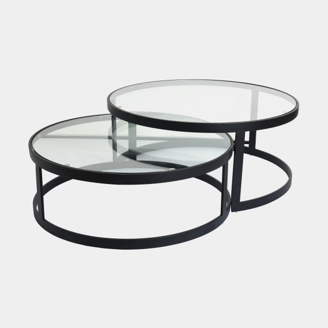 Nest Of 2 Coffee Tables In Clear Glass & Black Steel Frame - Padua