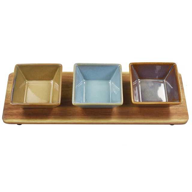 Set of 3 Square Snack Dishes & Rectangular Wood Tray - Artisan