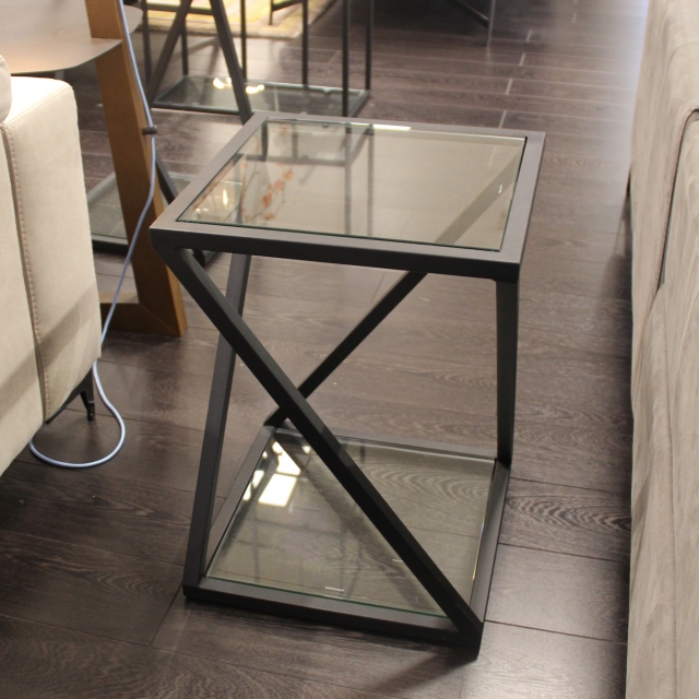 X Frame End Table With Clear Glass Top & Black Steel Frame 40x55cm - Padua