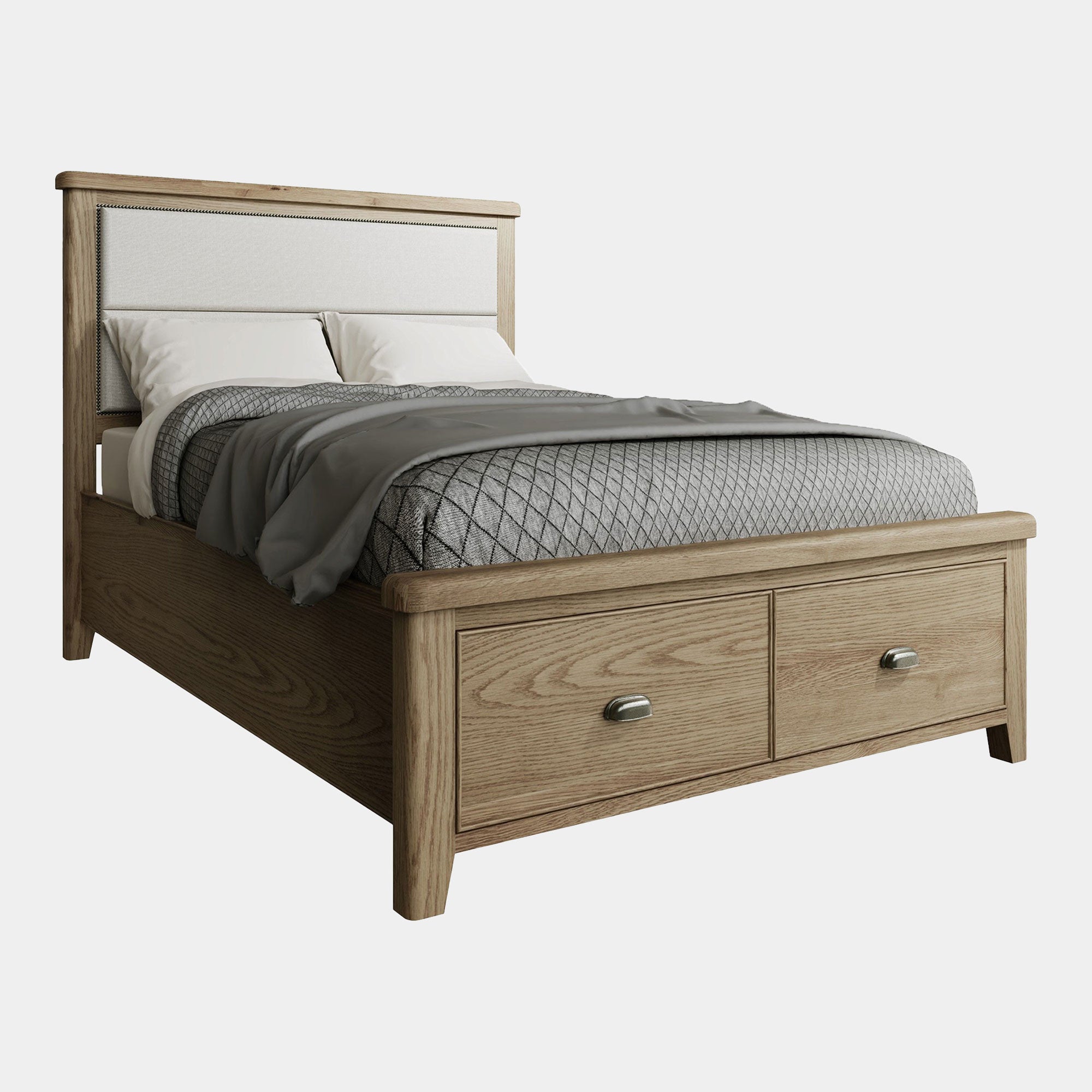 Farringdon - Bed Frame With Fabric Headboard & Footboard Drawer In Oak Finish 135cm