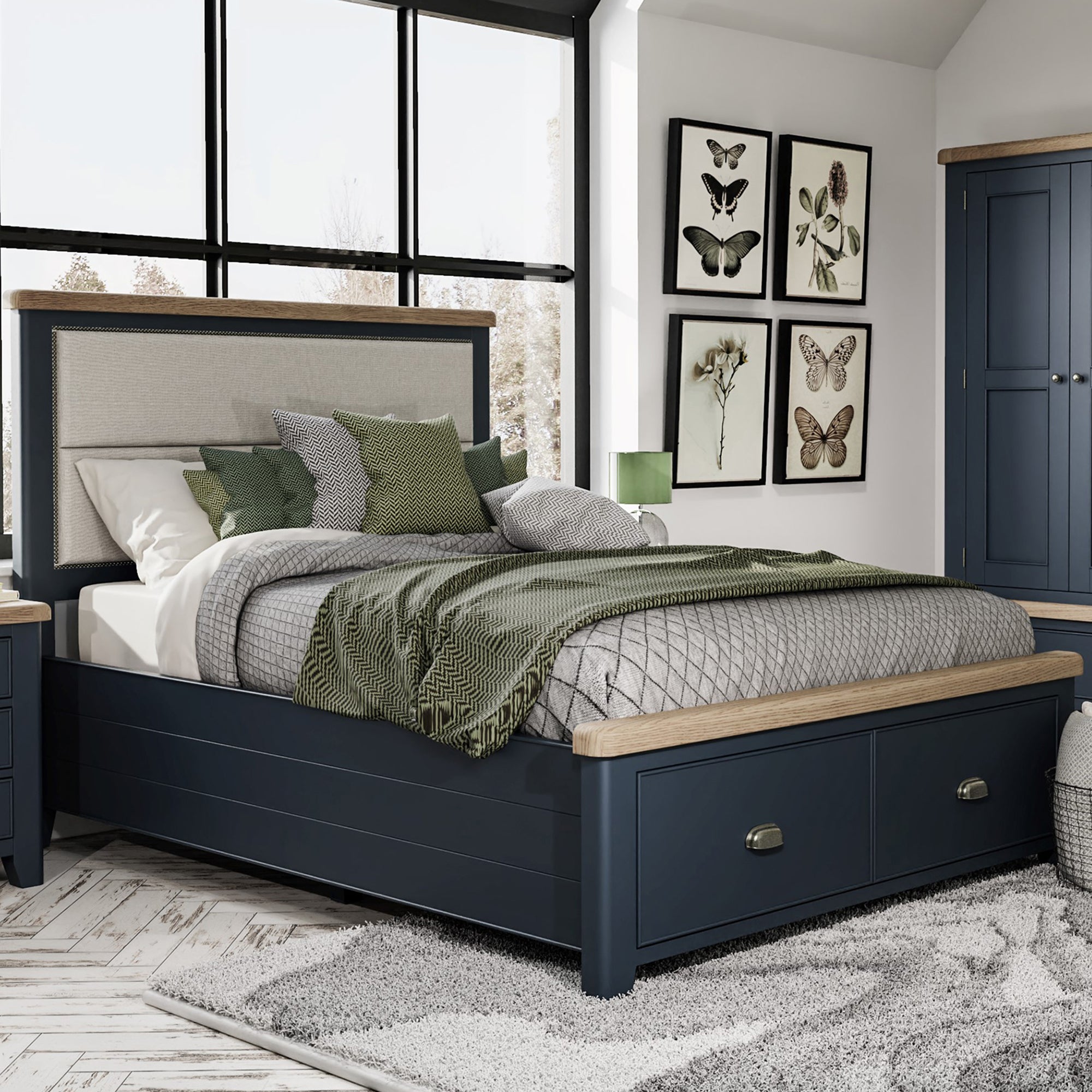 Farringdon - Bed Frame With Fabric Headboard & Footboard Drawer In Blue Finish With Oak Top 180cm