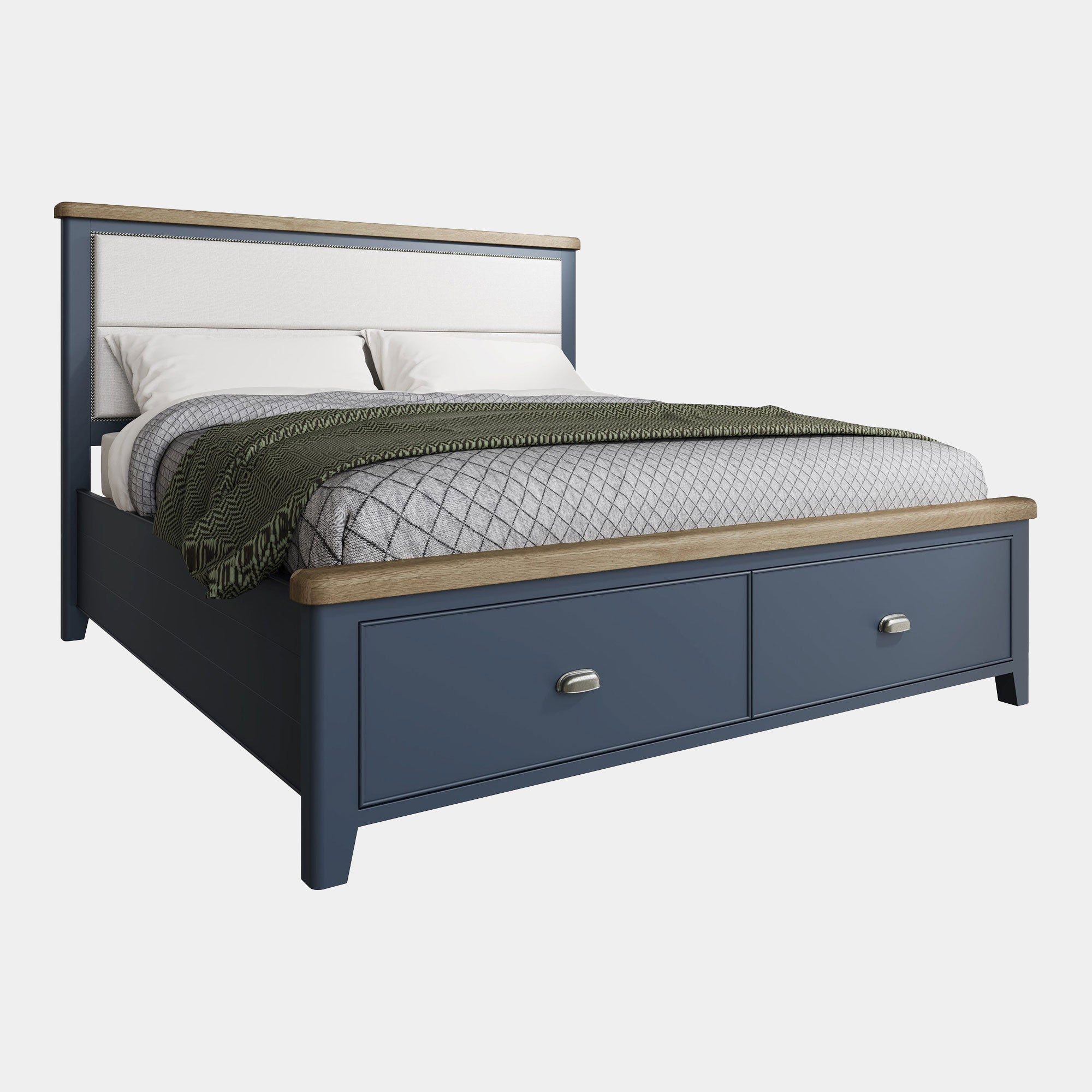 Farringdon - Bed Frame With Fabric Headboard & Footboard Drawer In Blue Finish With Oak Top 180cm
