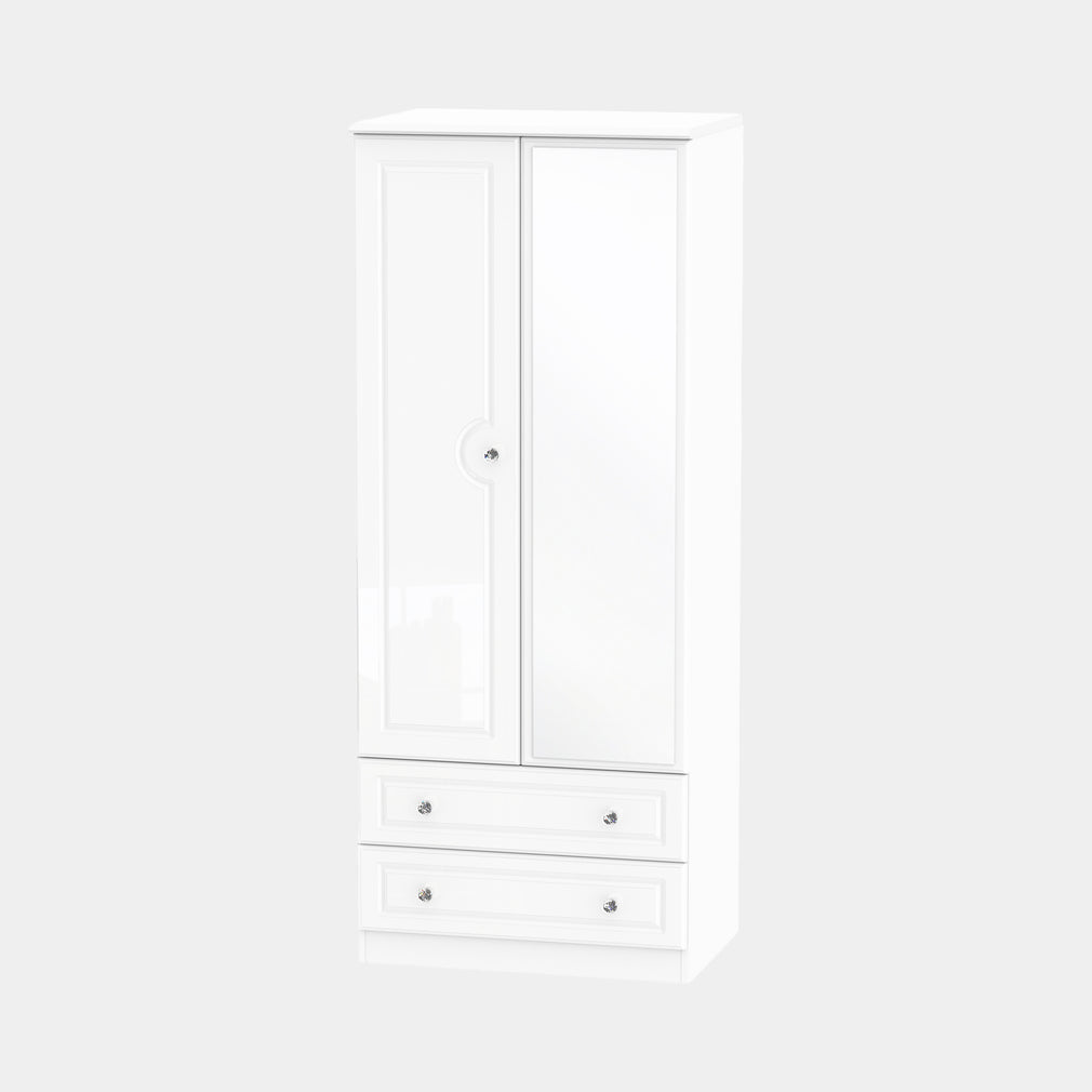 Lincoln - Tall 2 Drawer Mirrored Robe White High Gloss With Crystal Handles