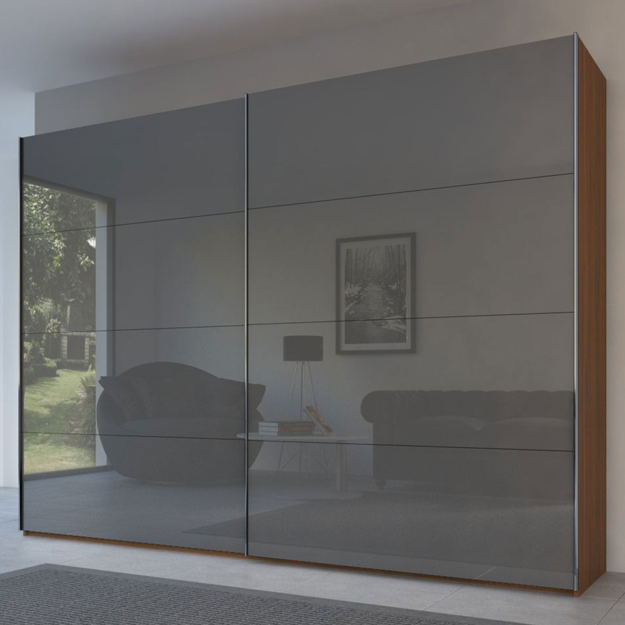 Malmo - Walnut/Grey Mirror 180cm Gliding Door Wardrobe