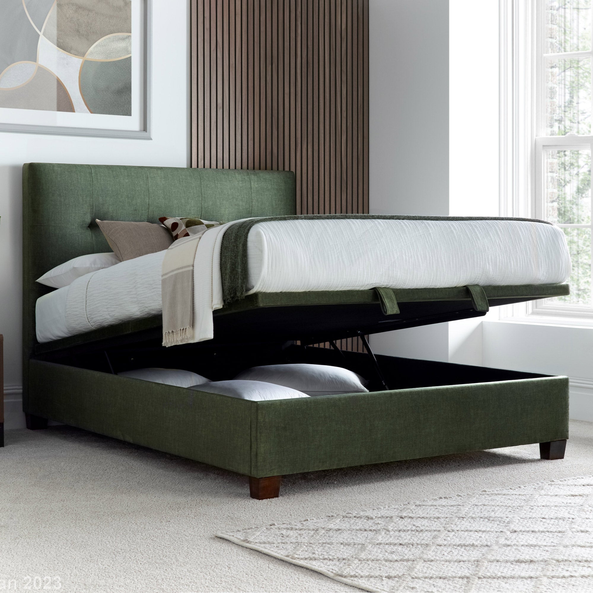 Nicola - Ottoman Bed Frame In Fabric Winter Moss Green 135cm (Double)