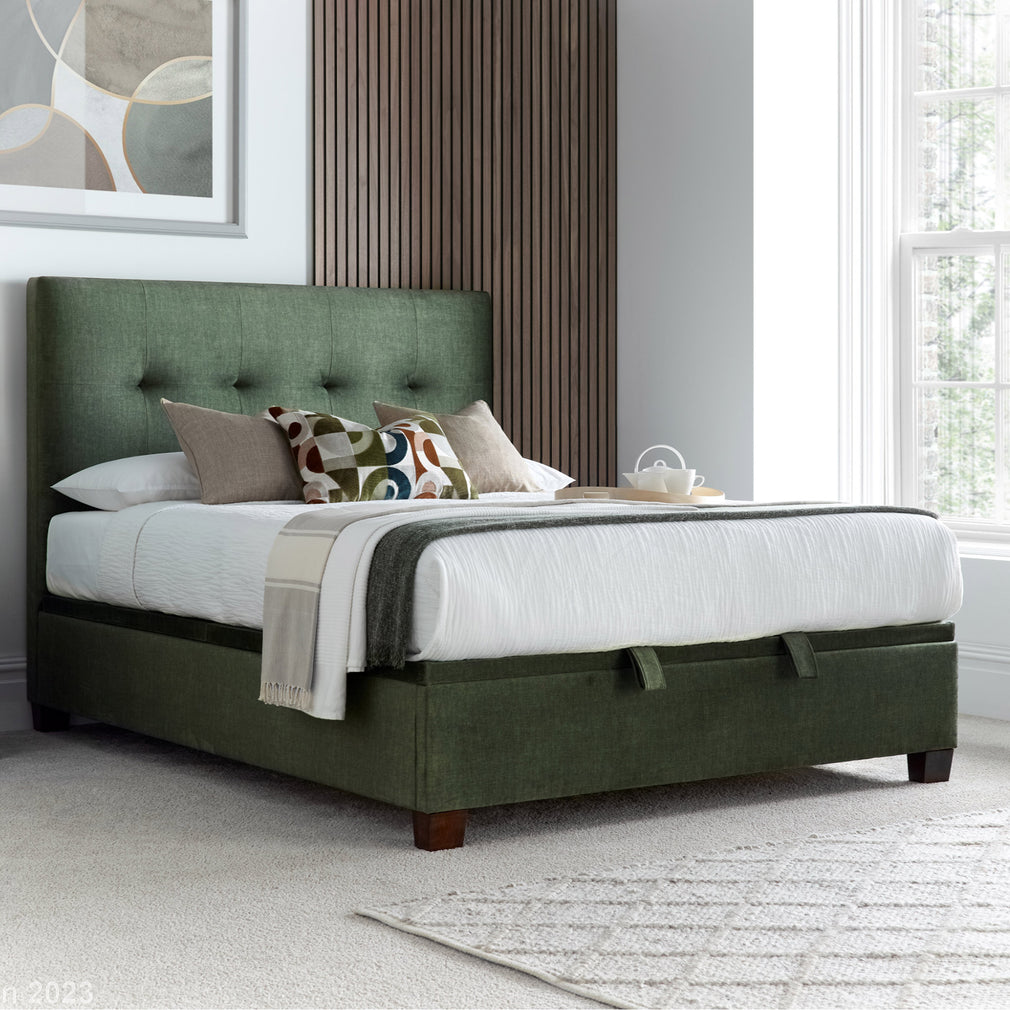 Nicola - Ottoman Bed Frame In Fabric Winter Moss Green 135cm (Double)