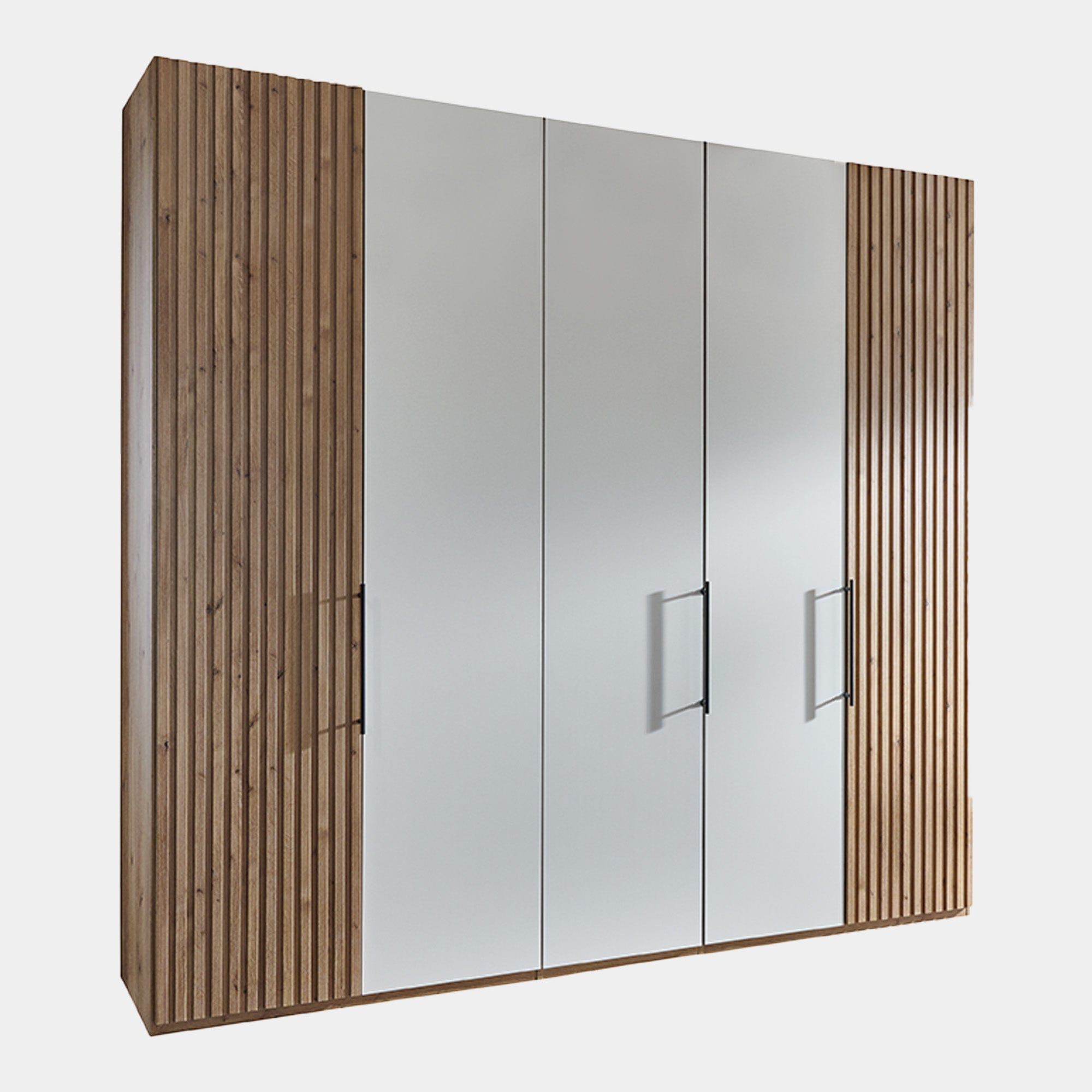 Lakewood - 250cm 5 Door Robe With Bianco Oak Decking Outer Doors /Centre Doors White Glass