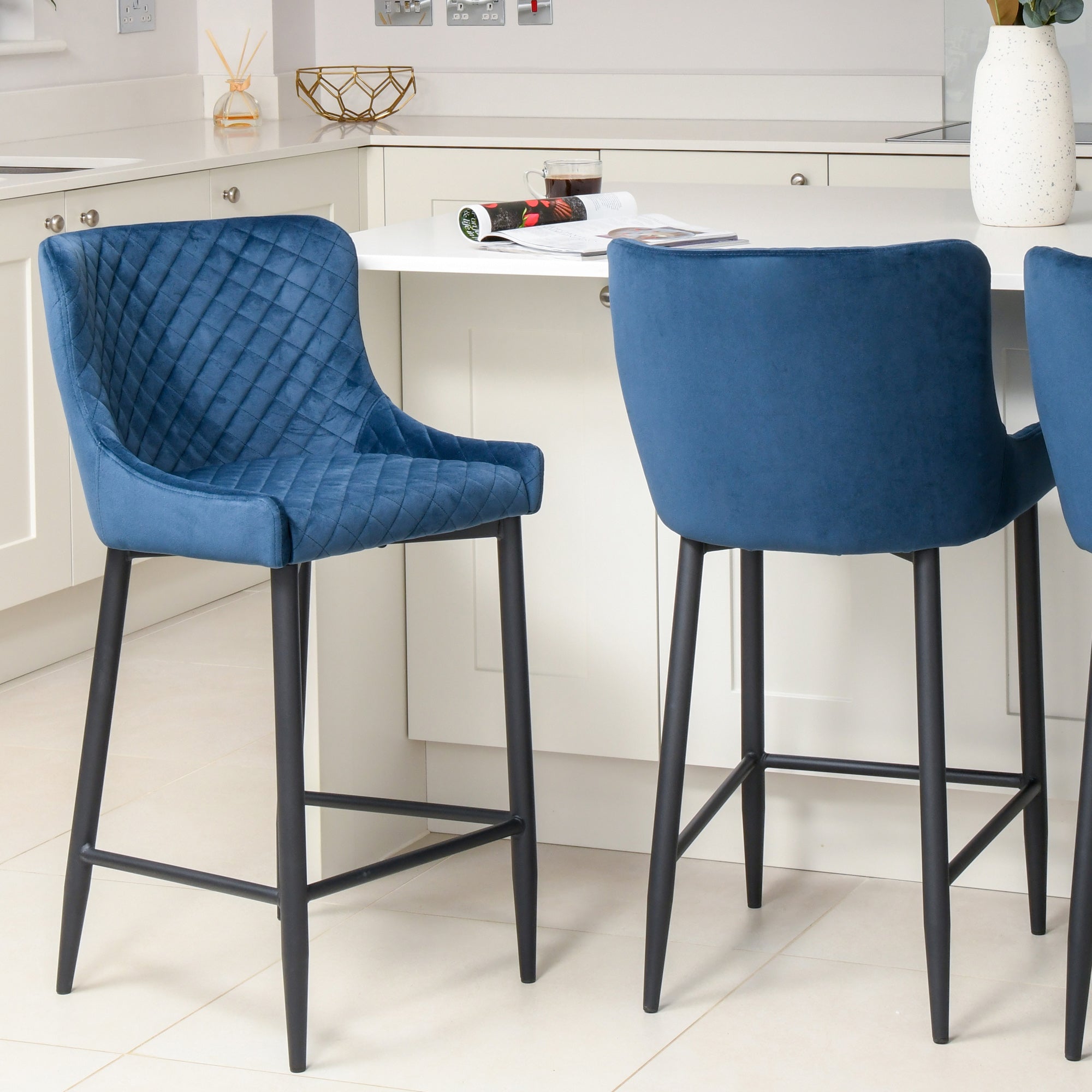 Counter Bar Stool In Blue Velvet