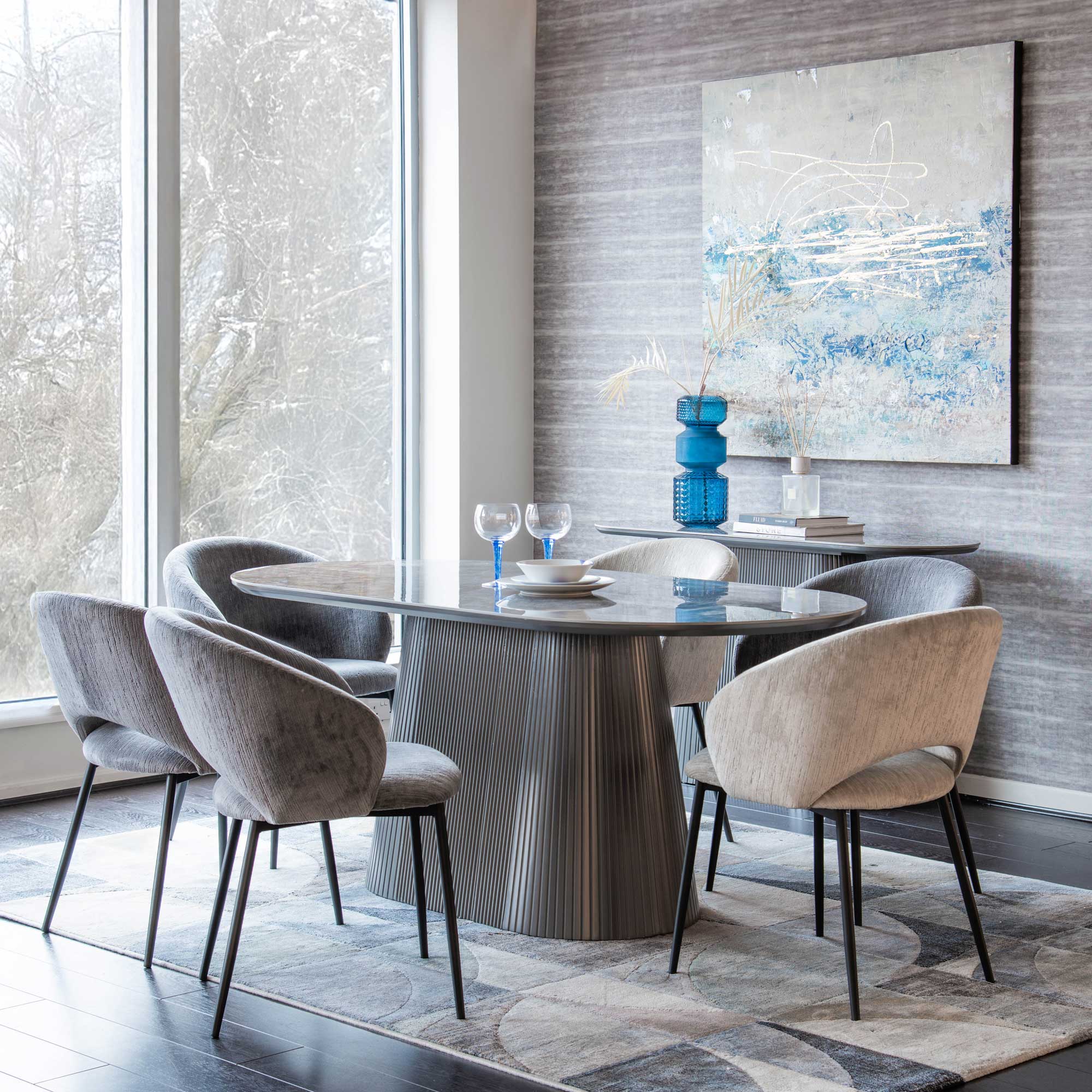 Dario - 180cm Dining Table With Dark Grey Sintered Stone Top & 6 Grey Fabric Chairs