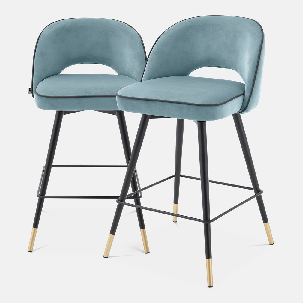 Eichholtz Cliff - Set Of 2 Counter Stools In Savona Blue Velvet/Black Faux Leather Piping