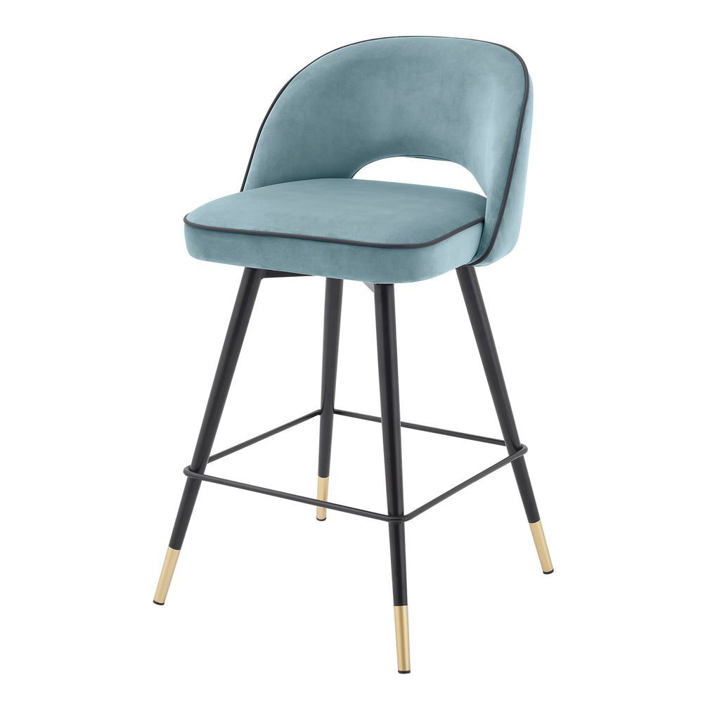 Eichholtz Cliff - Set Of 2 Counter Stools In Savona Blue Velvet/Black Faux Leather Piping