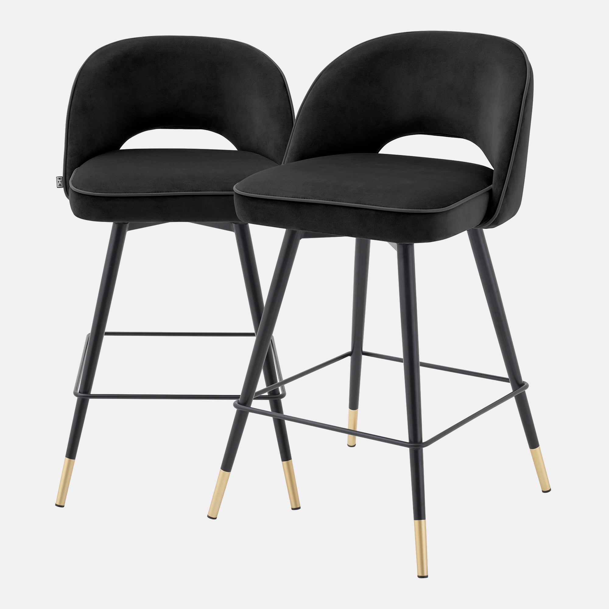 Eichholtz Cliff - Set Of 2 Counter Stools In Roche Black Velvet/Black Faux Leather Piping