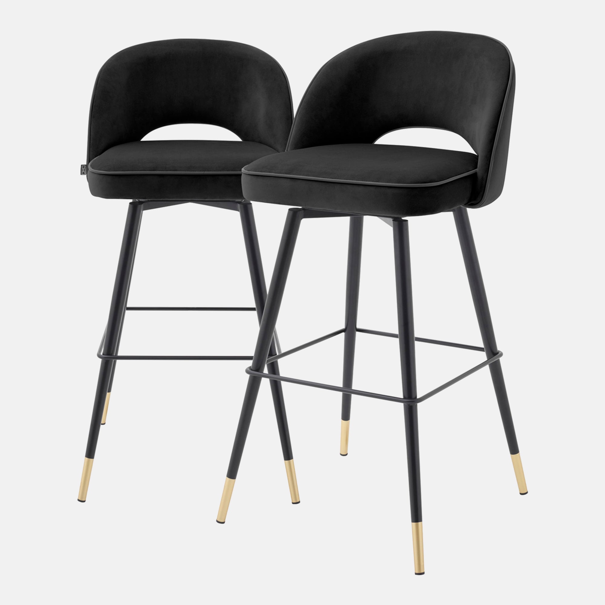 Eichholtz Cliff - Set Of 2 Swivel Barstools Roche Black Velvet Black F1aux Leather Piping