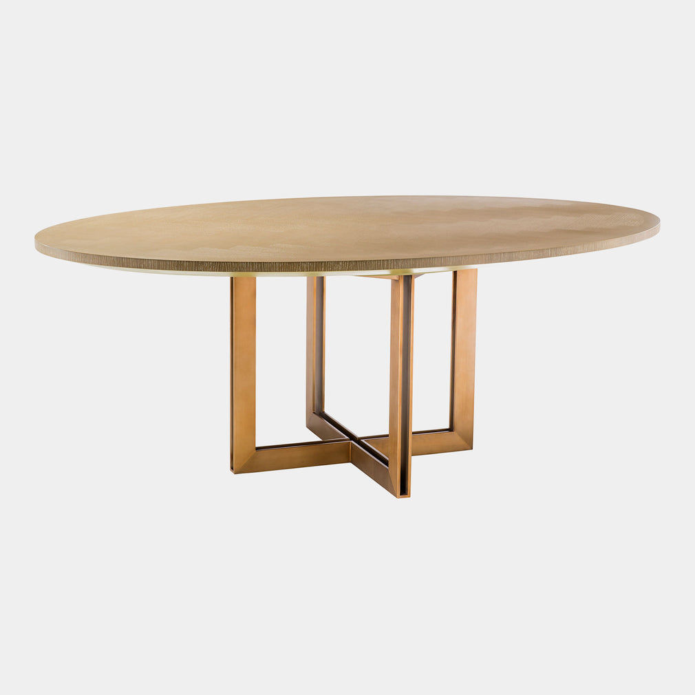 200cm Oval Dining Table In Washed Oak Veneer Brushed Brass Finish