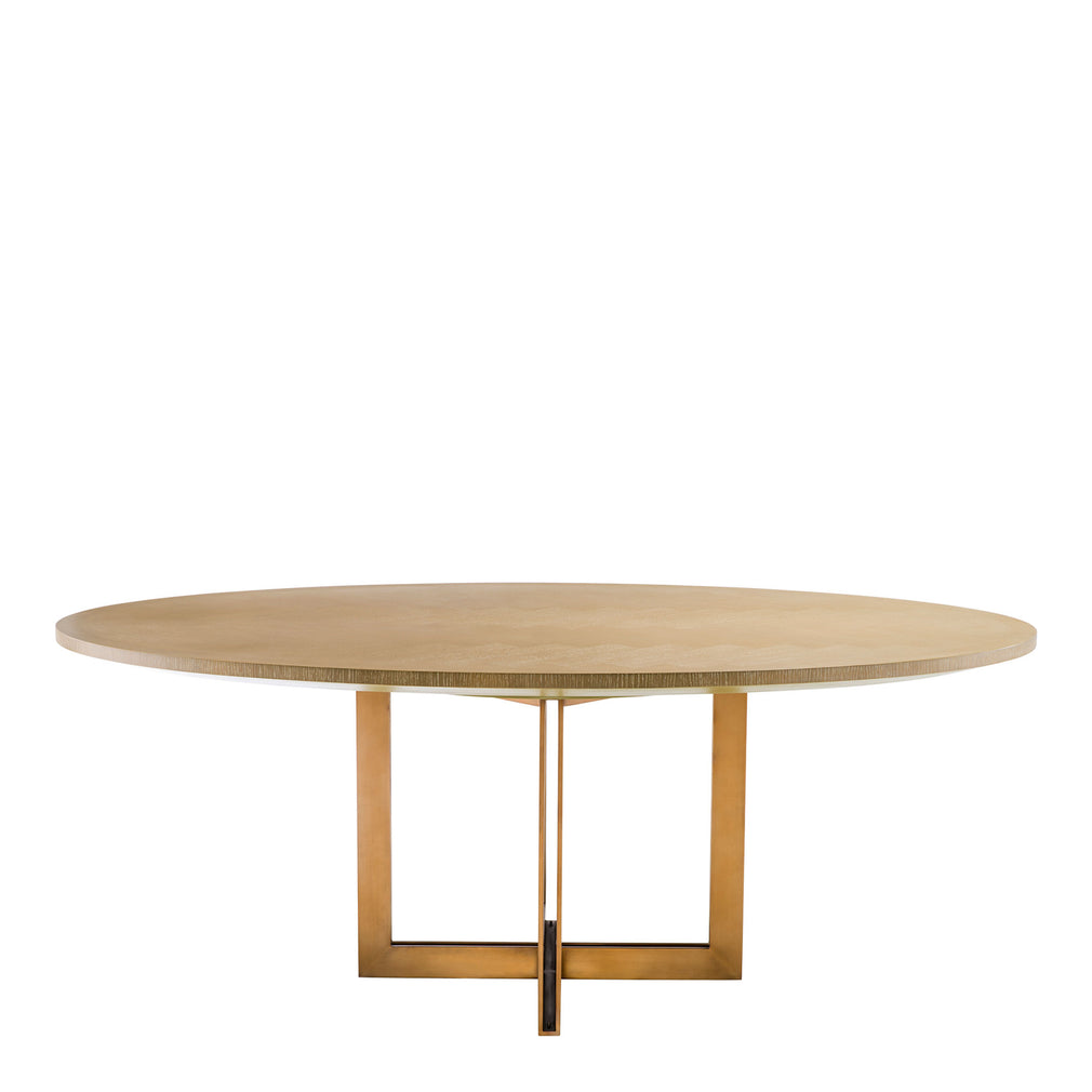 200cm Oval Dining Table In Washed Oak Veneer Brushed Brass Finish