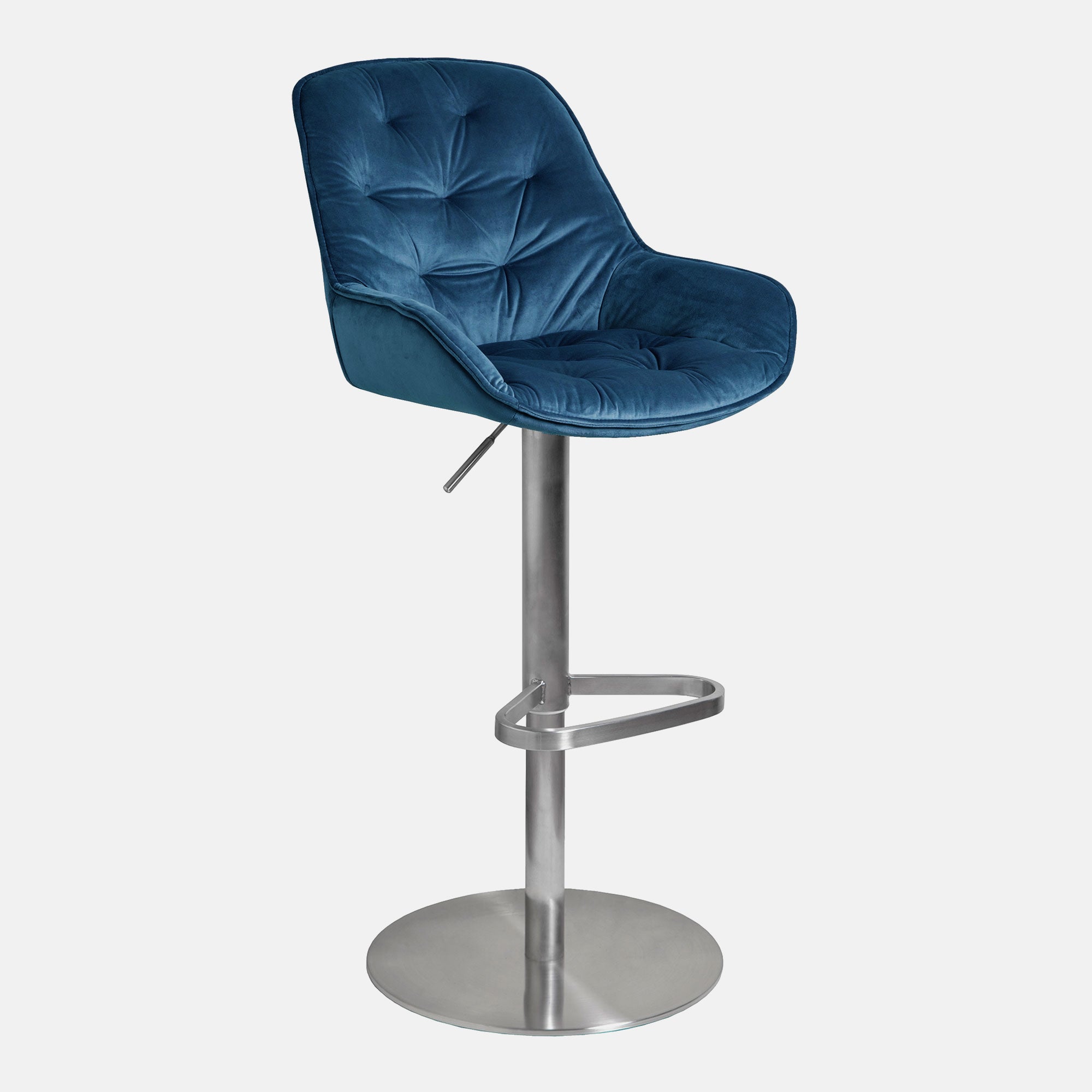 Swivel Bar Stool In Blue Velvet With Brushed Stainless Steel Round Base