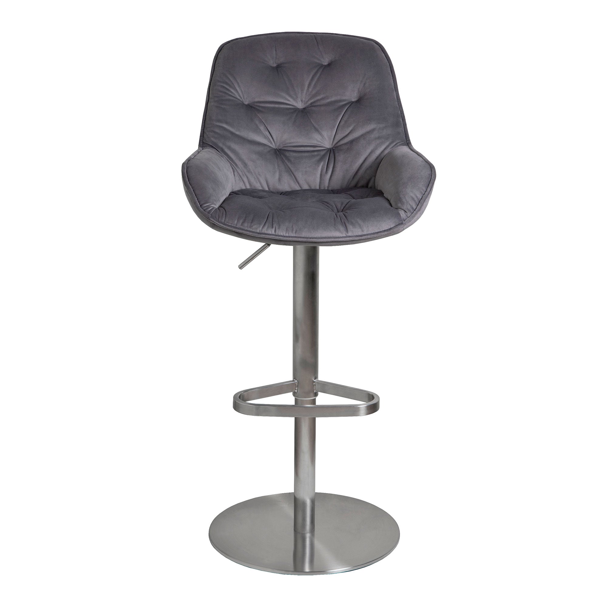 Swivel Bar Stool In Dark Grey Velvet With Brushed Stainless Steel Round Base