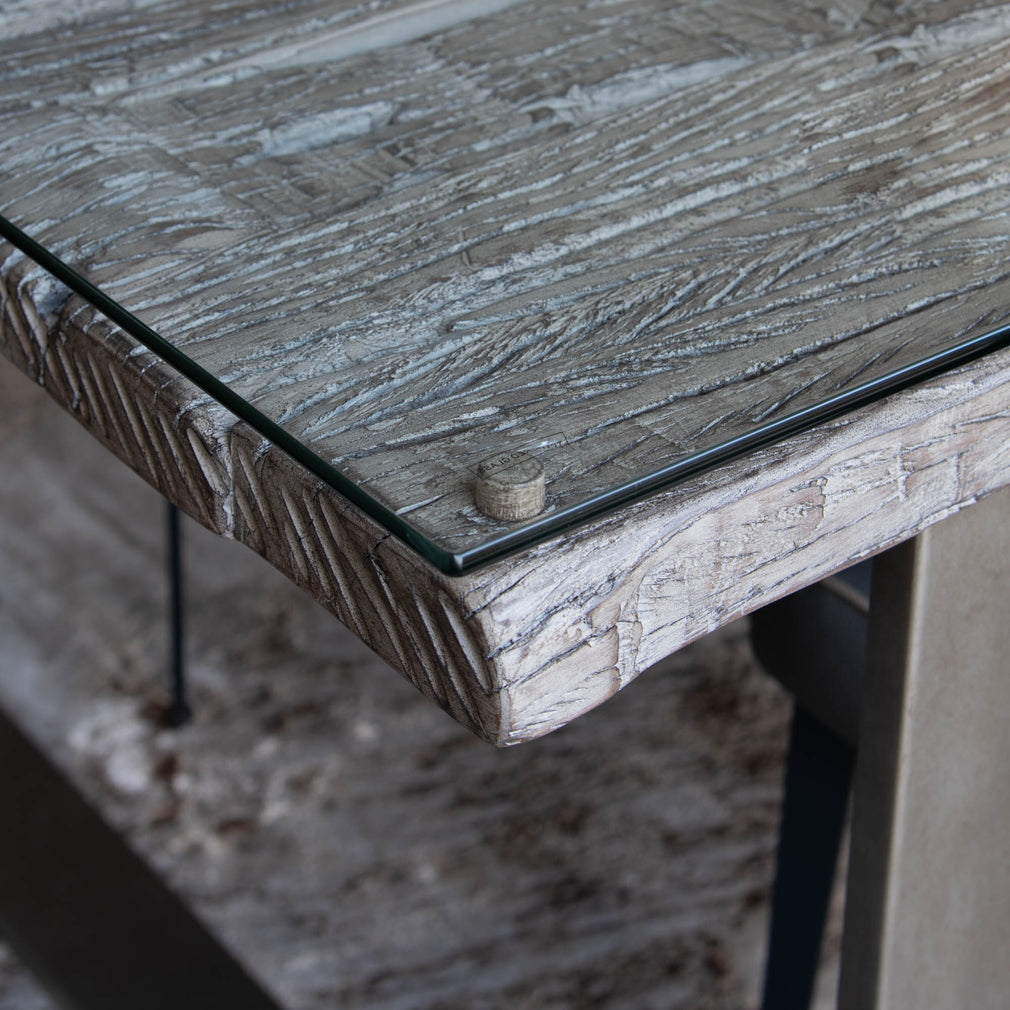 Myrtle - Dining Table Reclaimed Railway Sleeper With Glass Top & Matt Grey Metal Base 180cm