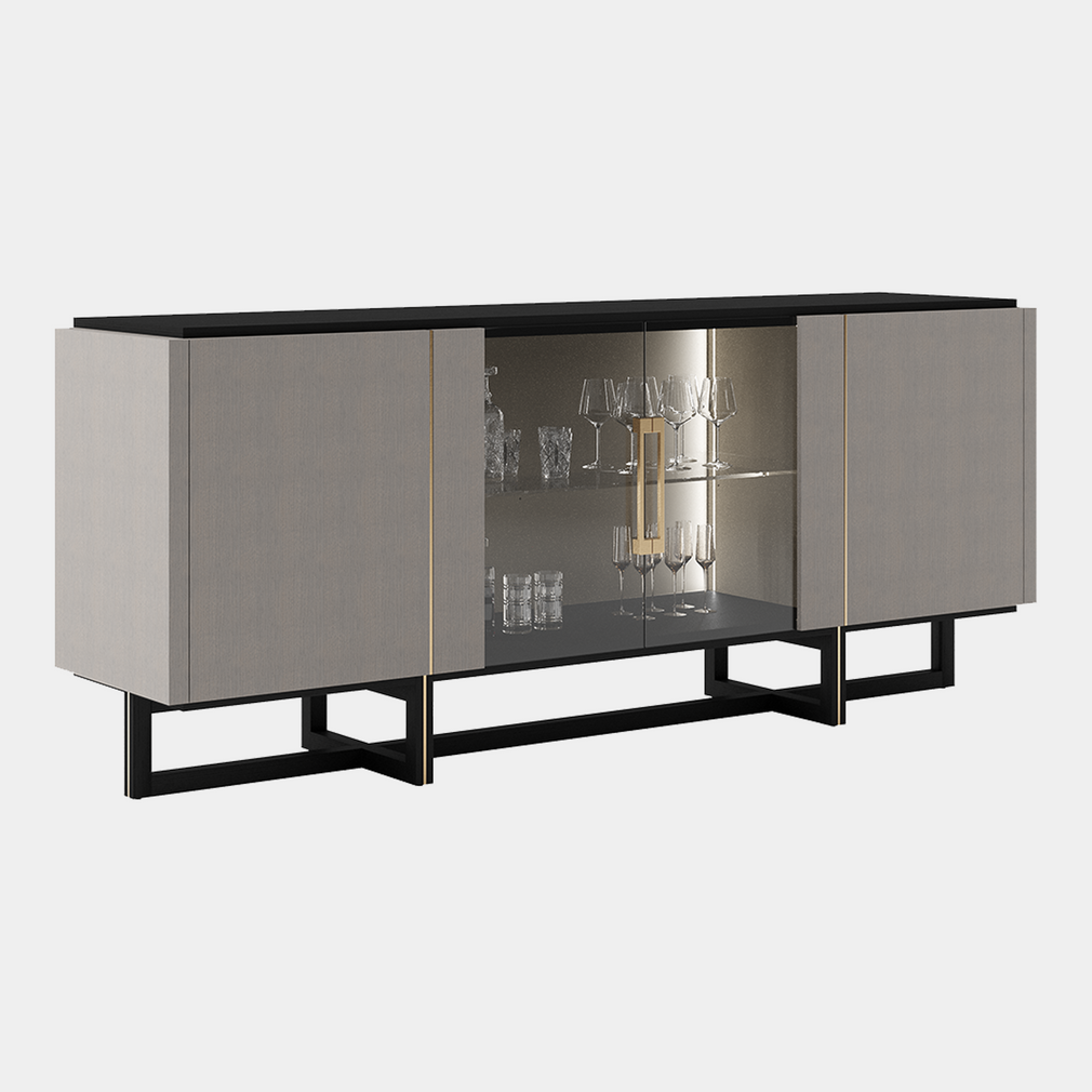 Porto - 180cm 4 Door Sideboard With Gold Stainless Detail, Oak Top & Feet, Grey Glass