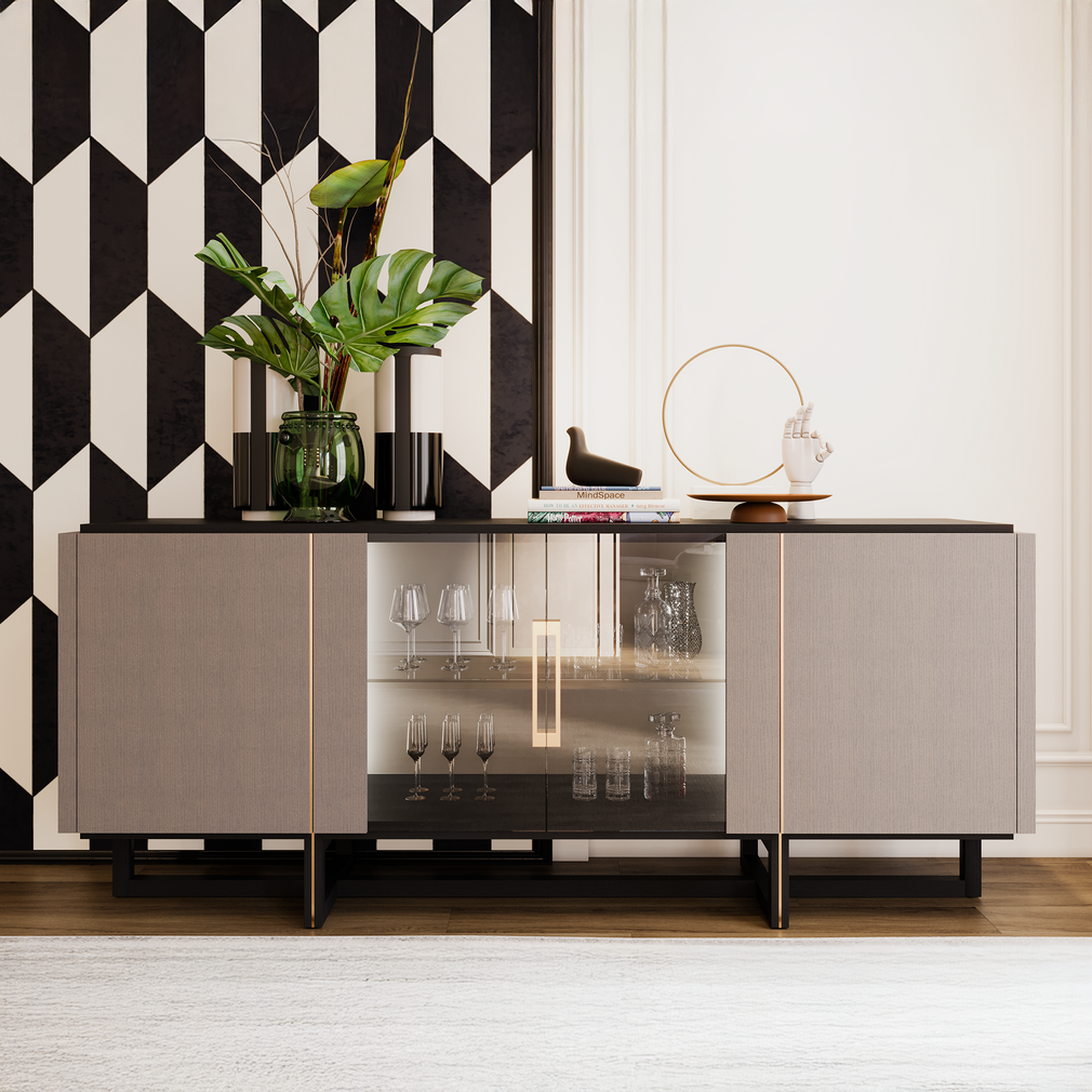 Porto - 180cm 4 Door Sideboard With Gold Stainless Detail, Oak Top & Feet, Grey Glass