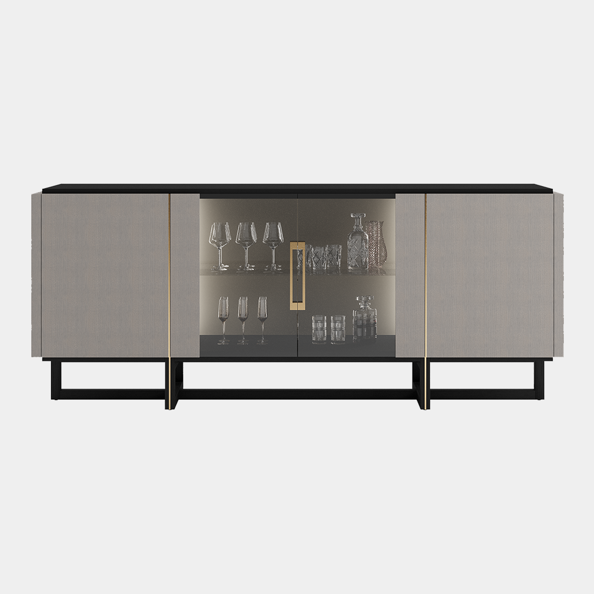 Porto - 180cm 4 Door Sideboard With Gold Stainless Detail, Oak Top & Feet, Grey Glass