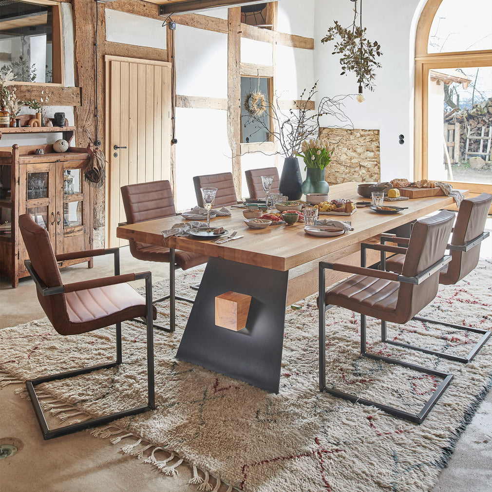 220cm x 100cm Dining Table Straight Edge Beam Leg In Rustic Oak