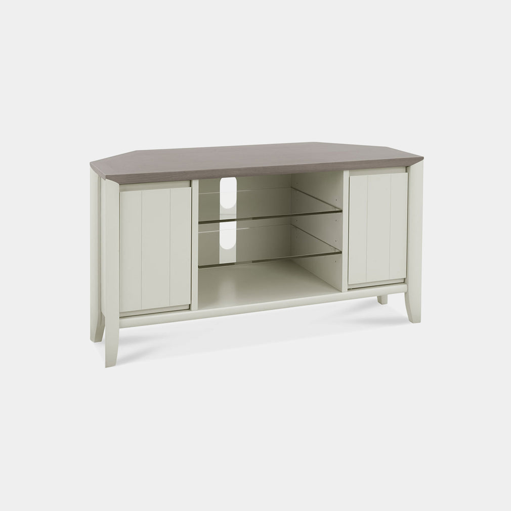 Corner Entertainment Unit In Grey Washed Oak With Soft Grey Finish