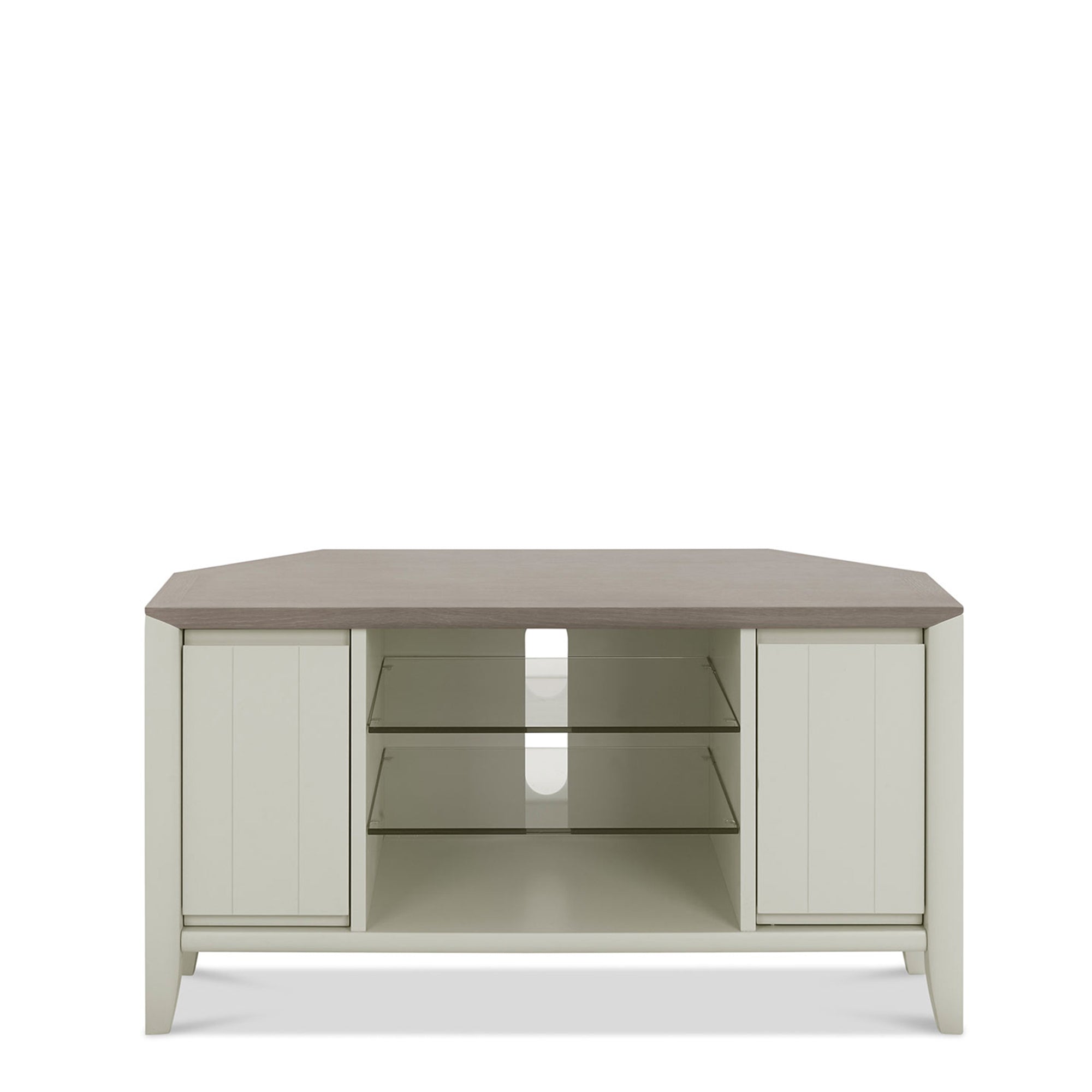 Corner Entertainment Unit In Grey Washed Oak With Soft Grey Finish