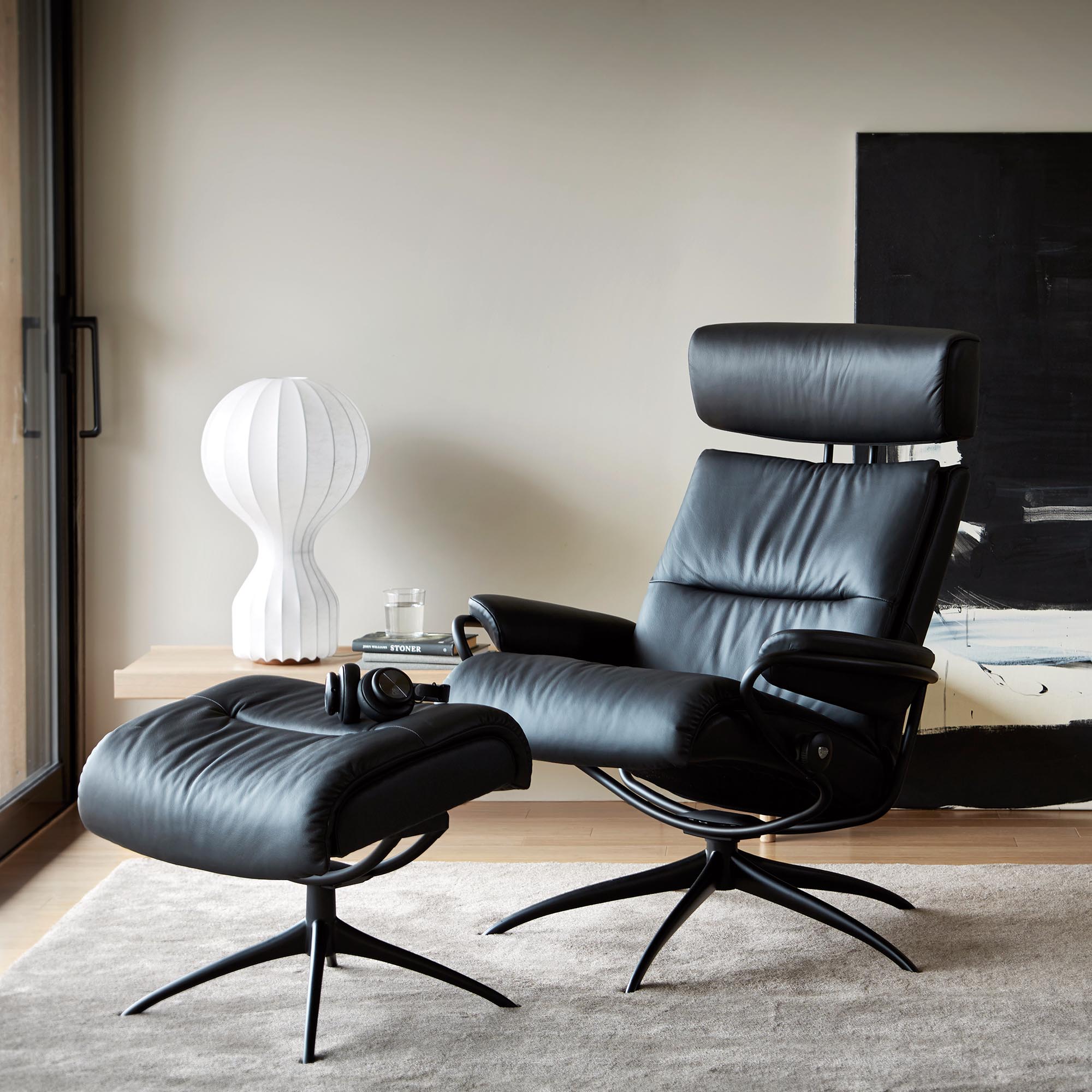 Chair With Footstool With Headrest With Star Base In Leather Paloma