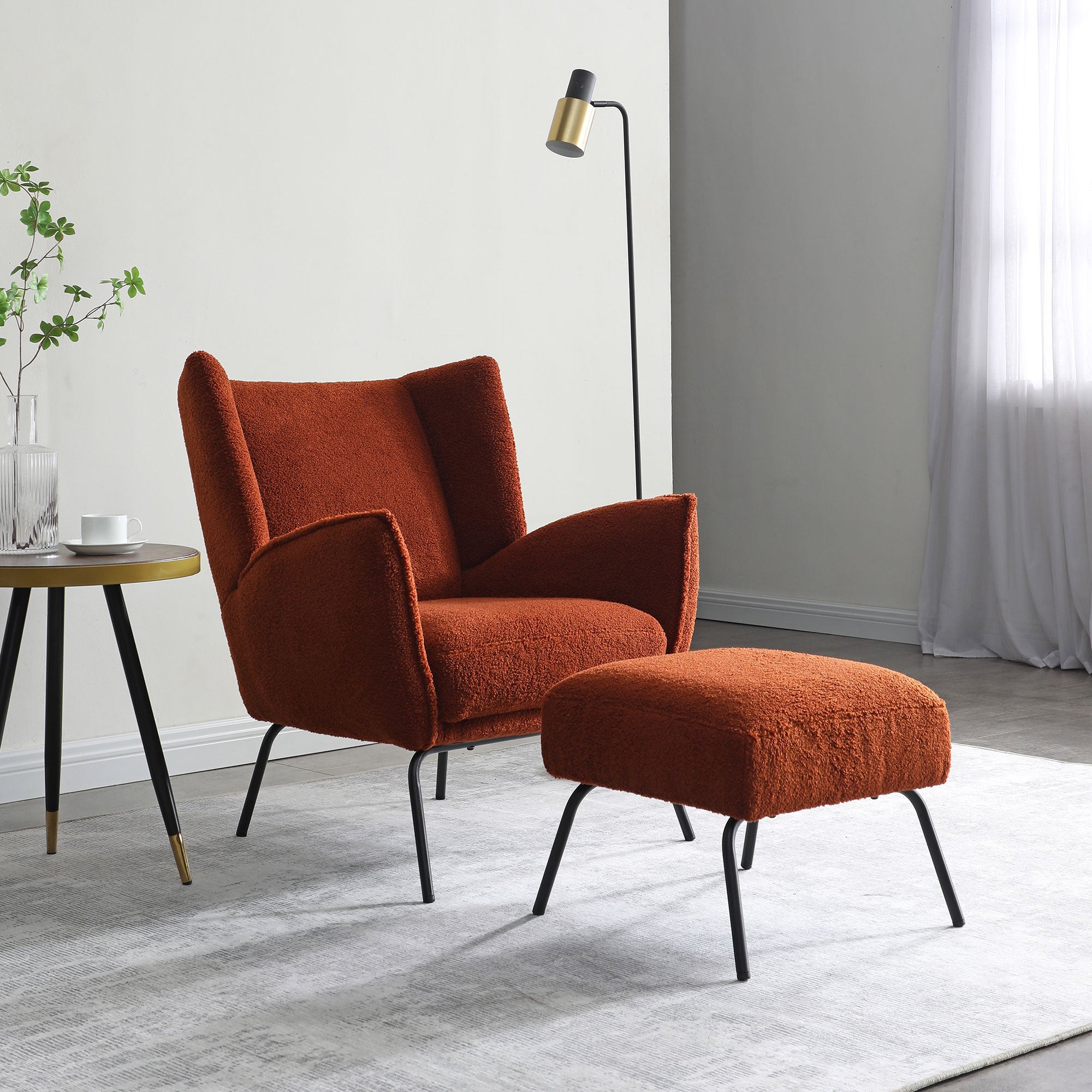 Accent Chair And Footstool In Fabric Hermes Teddy Burnt Orange