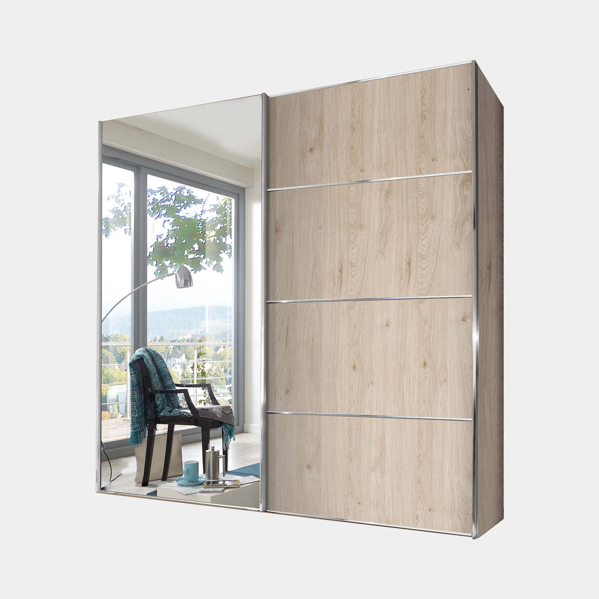 Lauderdale - Mirrored Wardrobe 150cm Sliding 2 Door, LH Mirror Door, 4 Panel Fronts