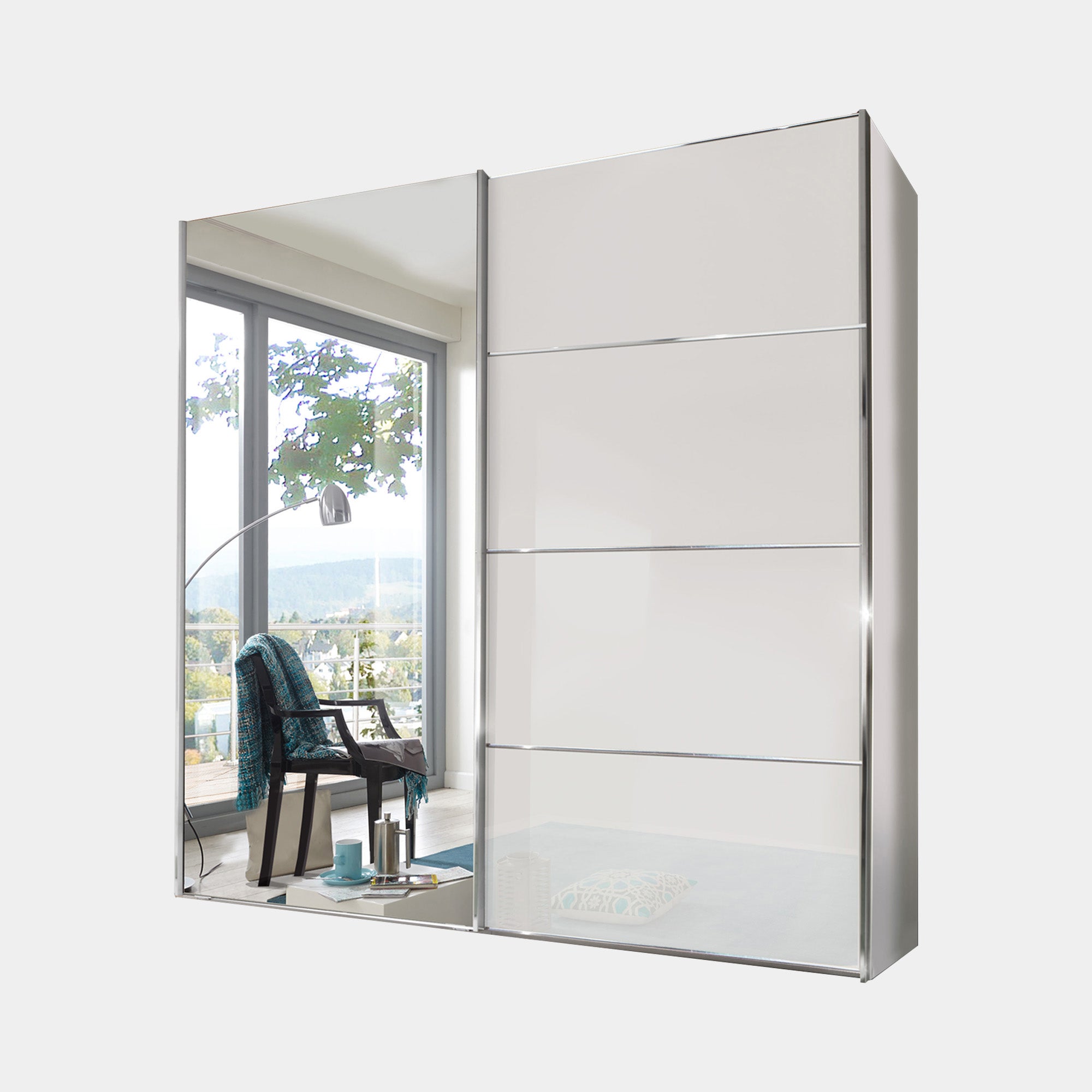 Lauderdale - Mirrored Wardrobe With White Glass 150cm Sliding 2 Door, LH Mirror Door, 4 Panel Fronts