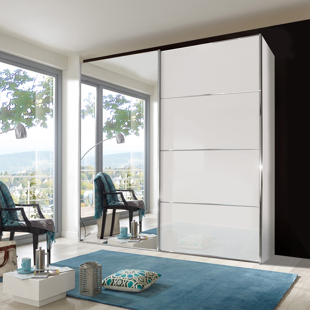Lauderdale - Mirrored Wardrobe With White Glass 150cm Sliding 2 Door, LH Mirror Door, 4 Panel Fronts