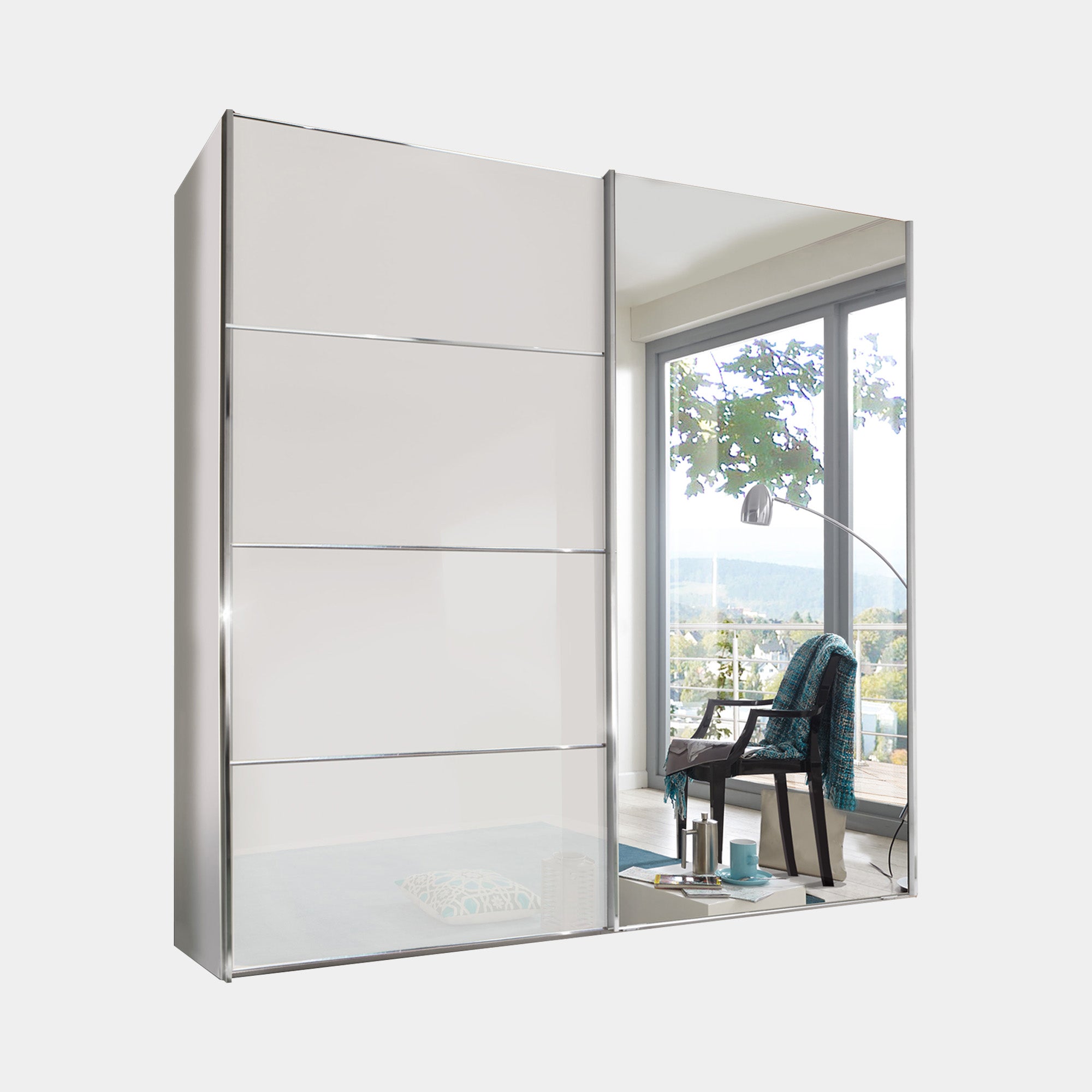 Lauderdale - Mirrored Wardrobe In White Glass 150cm Sliding 2 Door, RH Mirror Door, 4 Panel Fronts