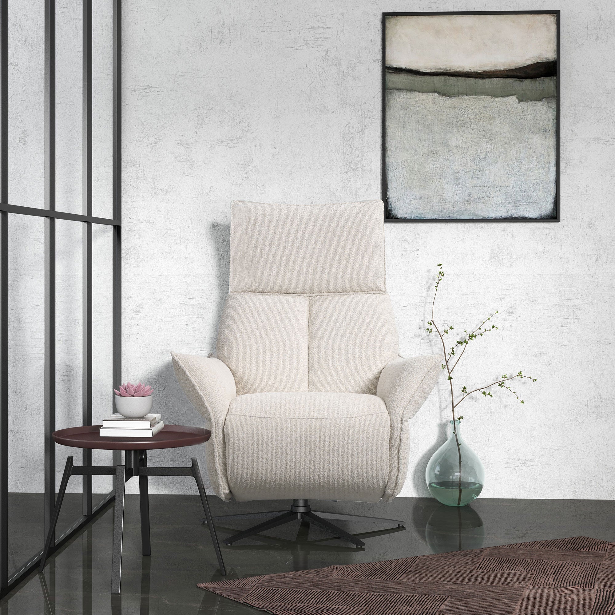 Omega - Swivel Power Recliner Chair & Footstool In Fabric Vanilla