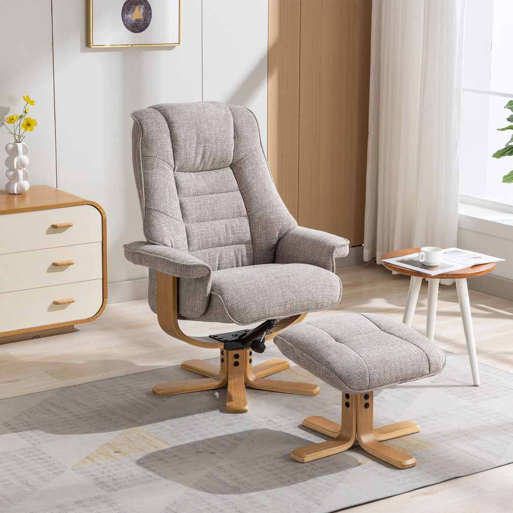 Royale - Swivel Recliner Chair & Footstool In Fabric Chacha Oat