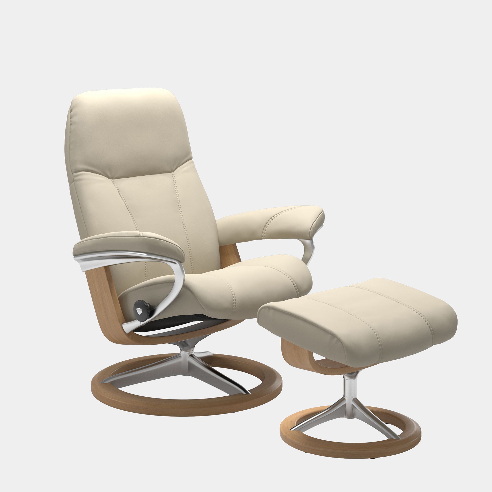 Stressless Consul - Chair & Footstool With Signature Base Small Batick Cream Leather Oak Frame