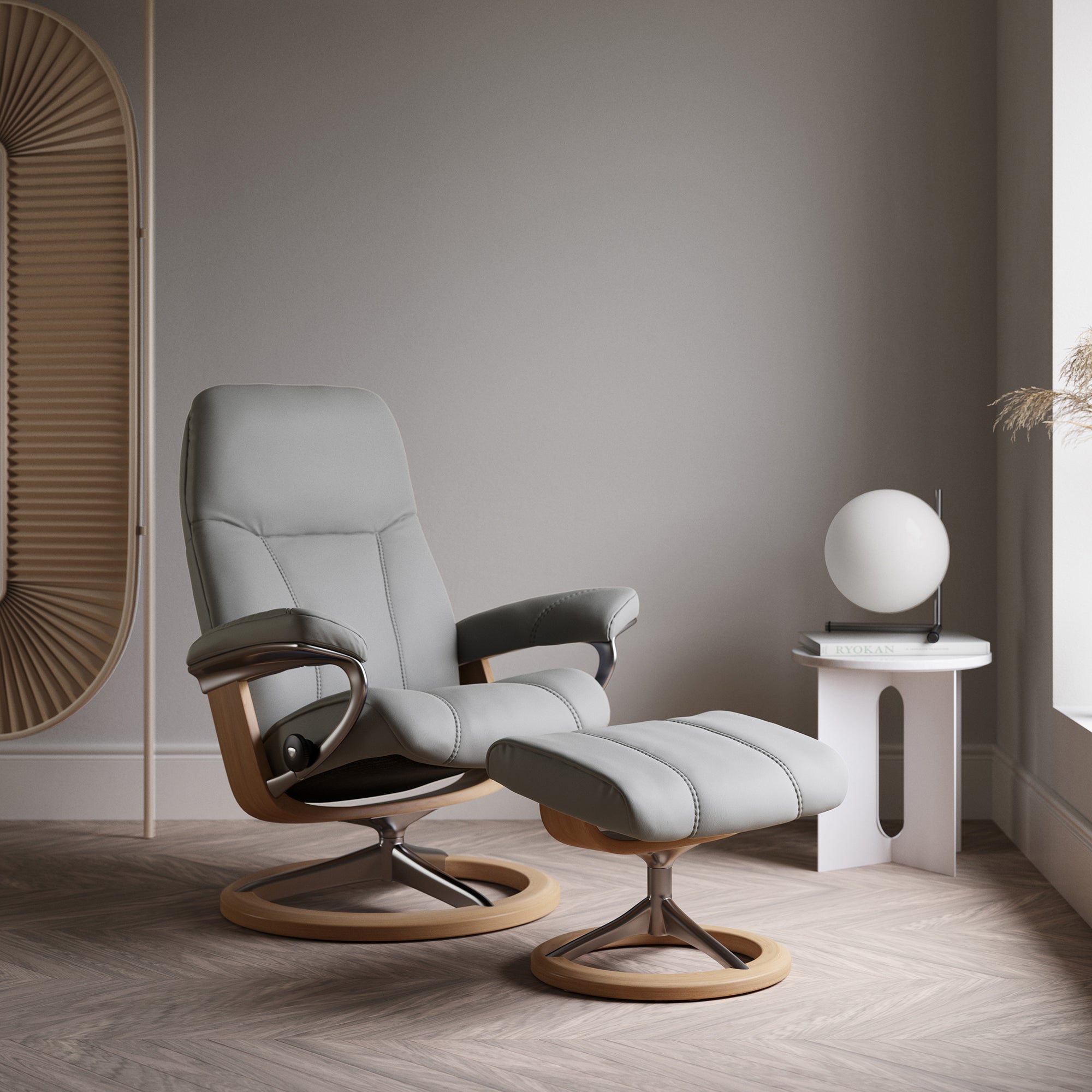 Stressless Consul - Chair & Footstool With Signature Base Small Batick Cream Leather Oak Frame