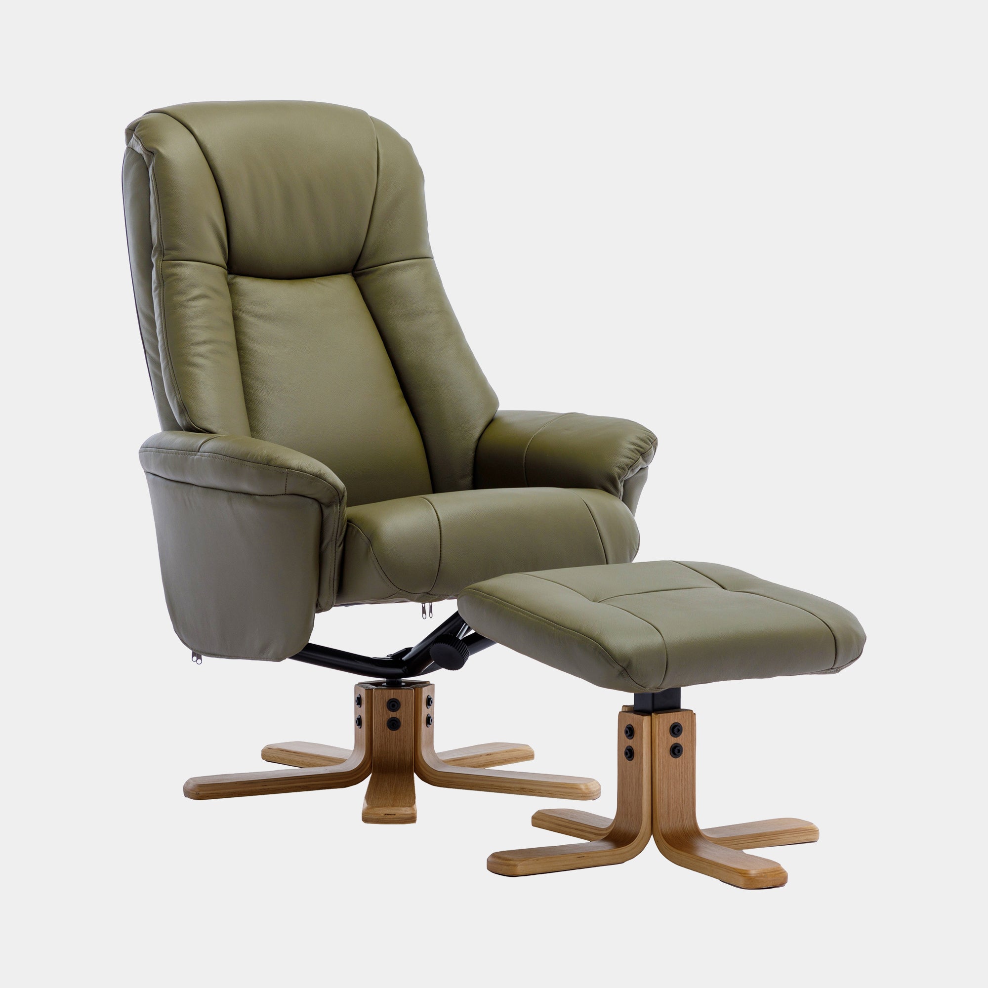 Sierra - Swivel Chair & Stool In Leather Match Olive Green With Mid Oak Base