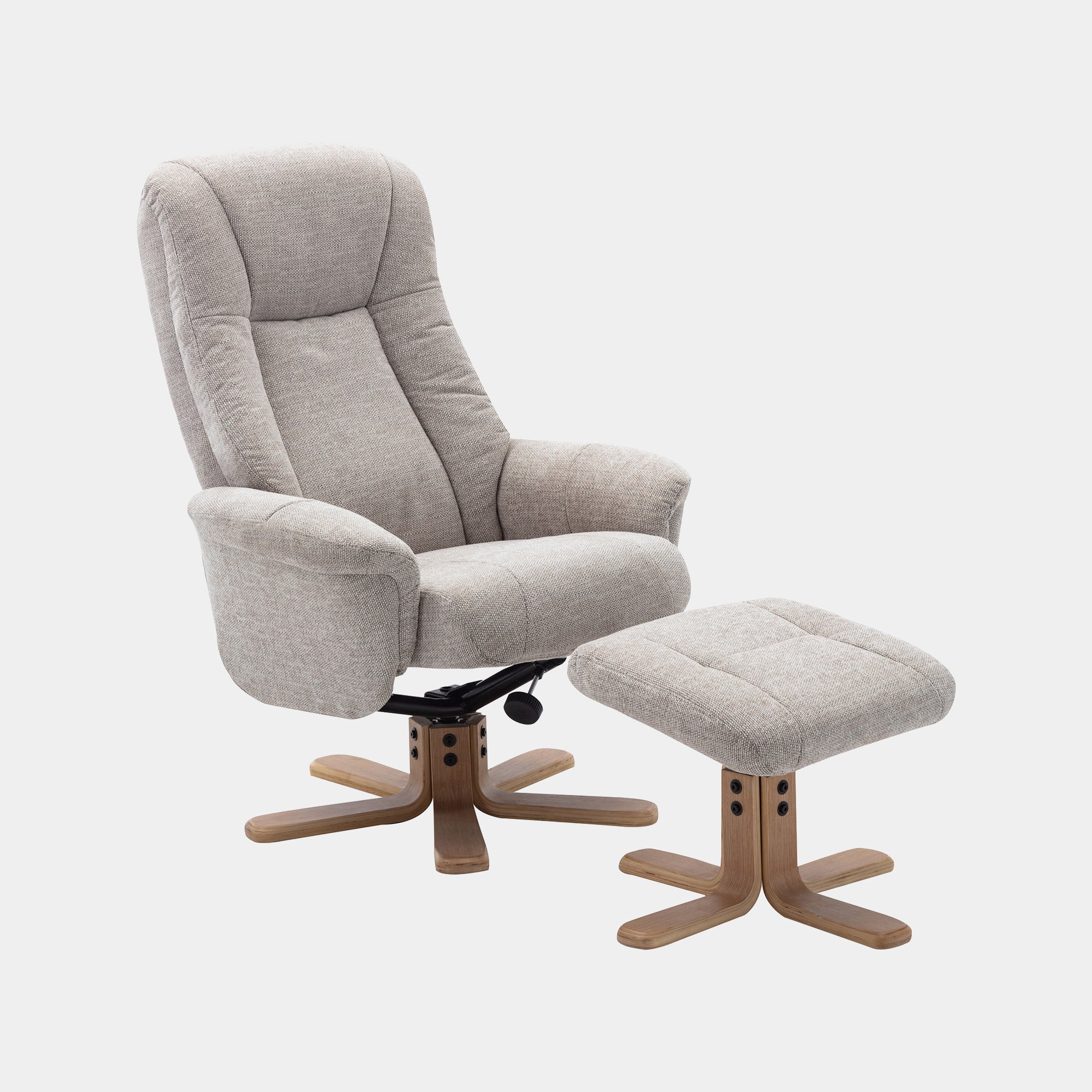 Swivel Chair With Footstool In Fabric Lille Sand With Mid Oak Base