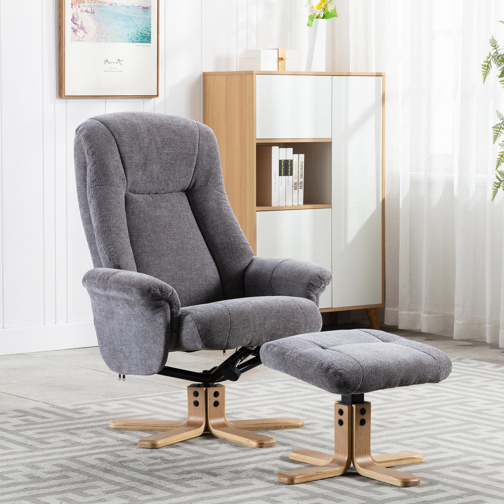 Swivel Chair With Footstool In Fabric Lille Charcoal With Mid Oak Base