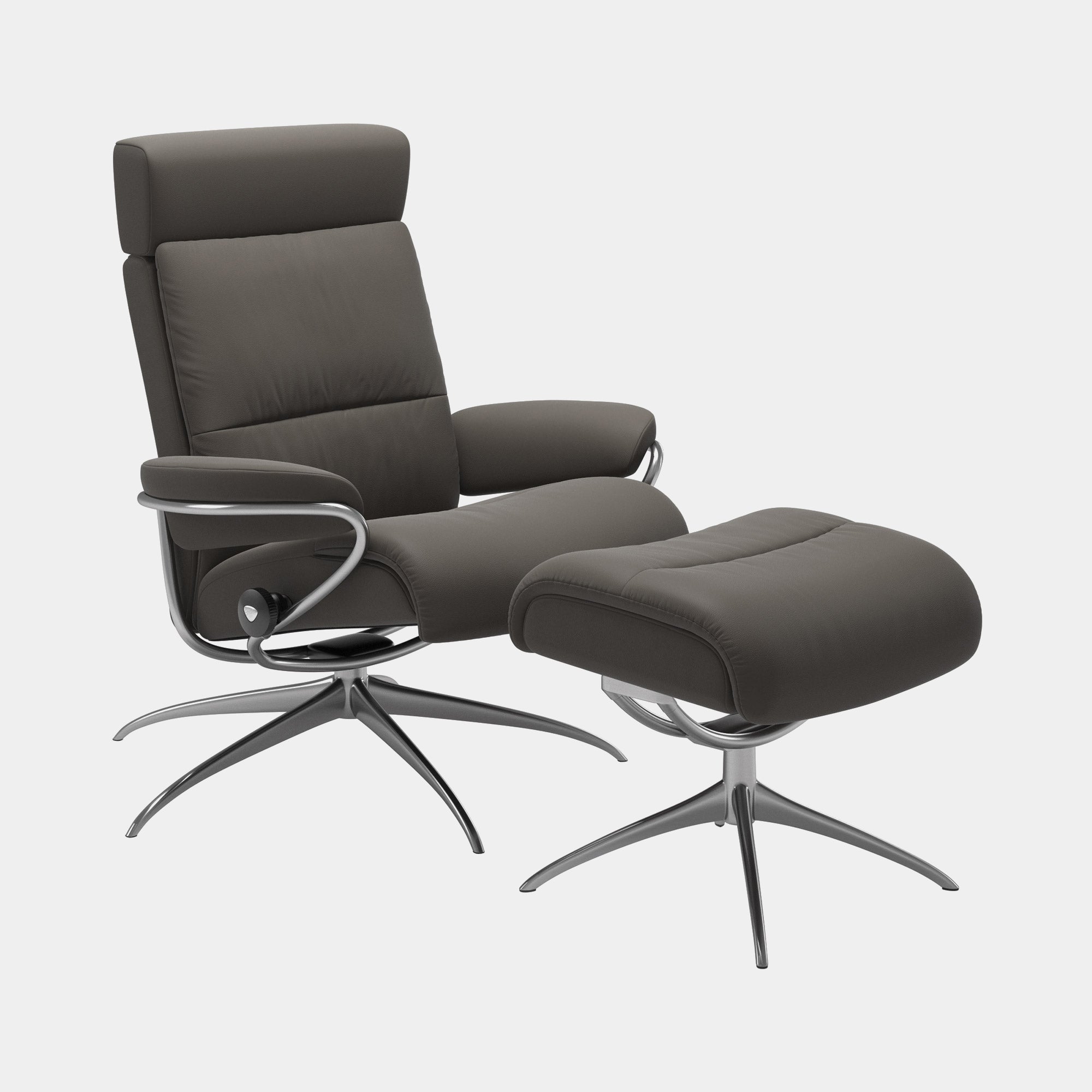 QUICKSHIP - Chair With Footstool With Headrest With Chrome Star Base In Leather Paloma Metal Grey