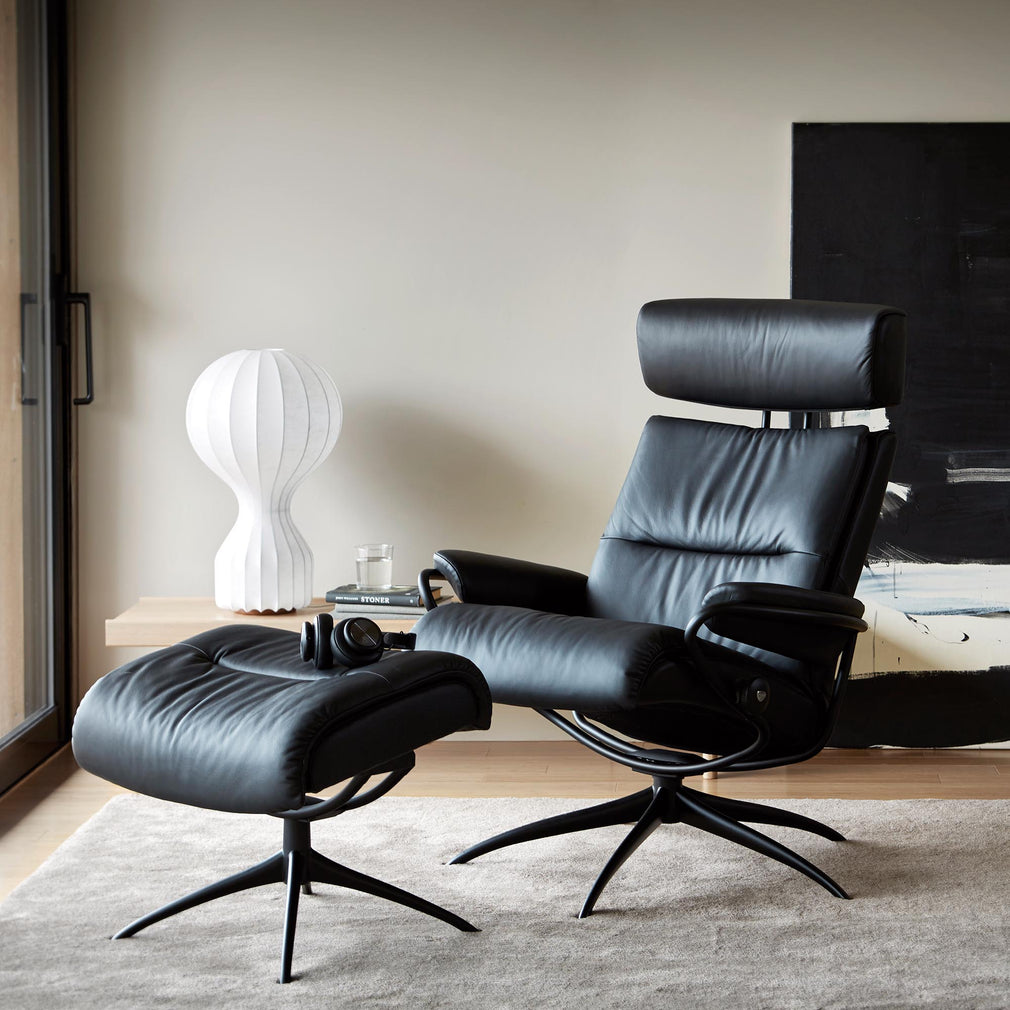 QUICKSHIP - Chair With Footstool With Headrest With Matt Black Star Base In Leather Paloma Copper