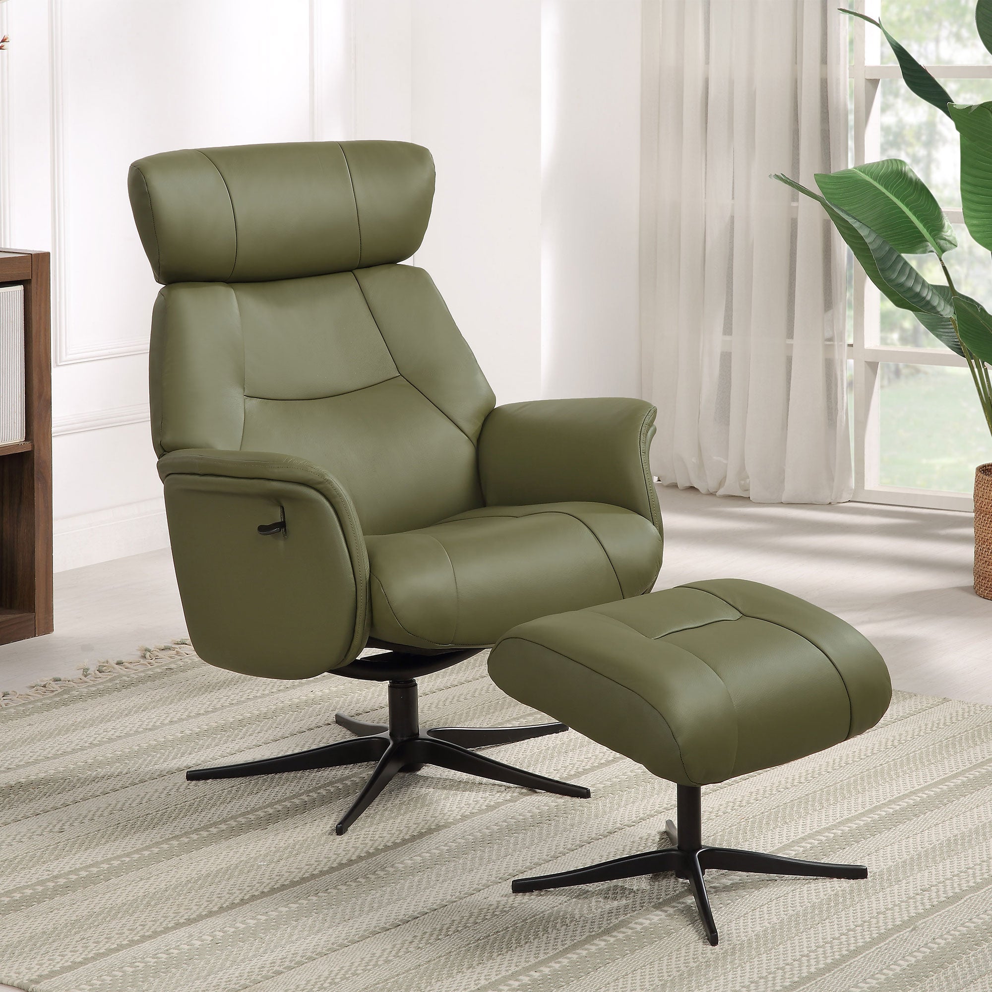 Senator - Swivel Recliner Chair & Footstool In Leather With Black Base Match Olive Green