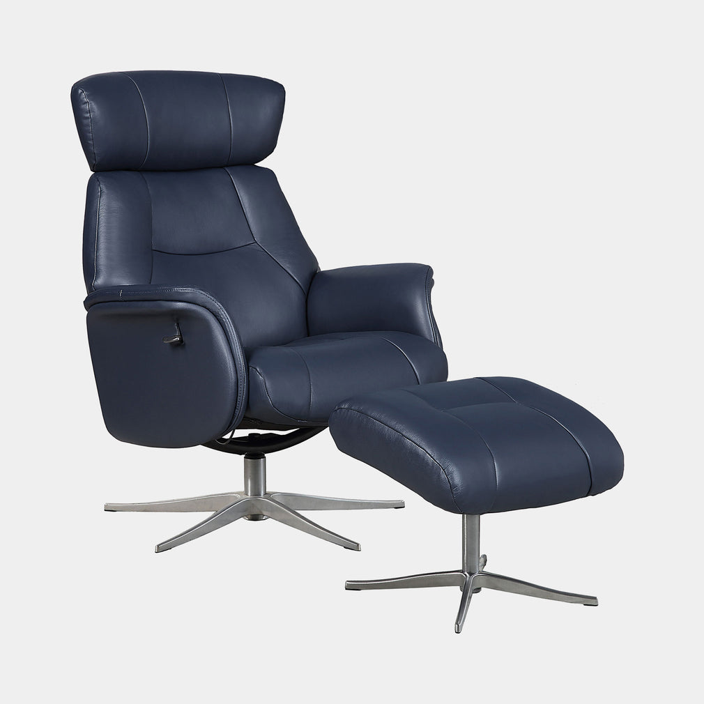 Senator - Swivel Recliner Chair & Footstool In Leather With Chrome Base Match Navy