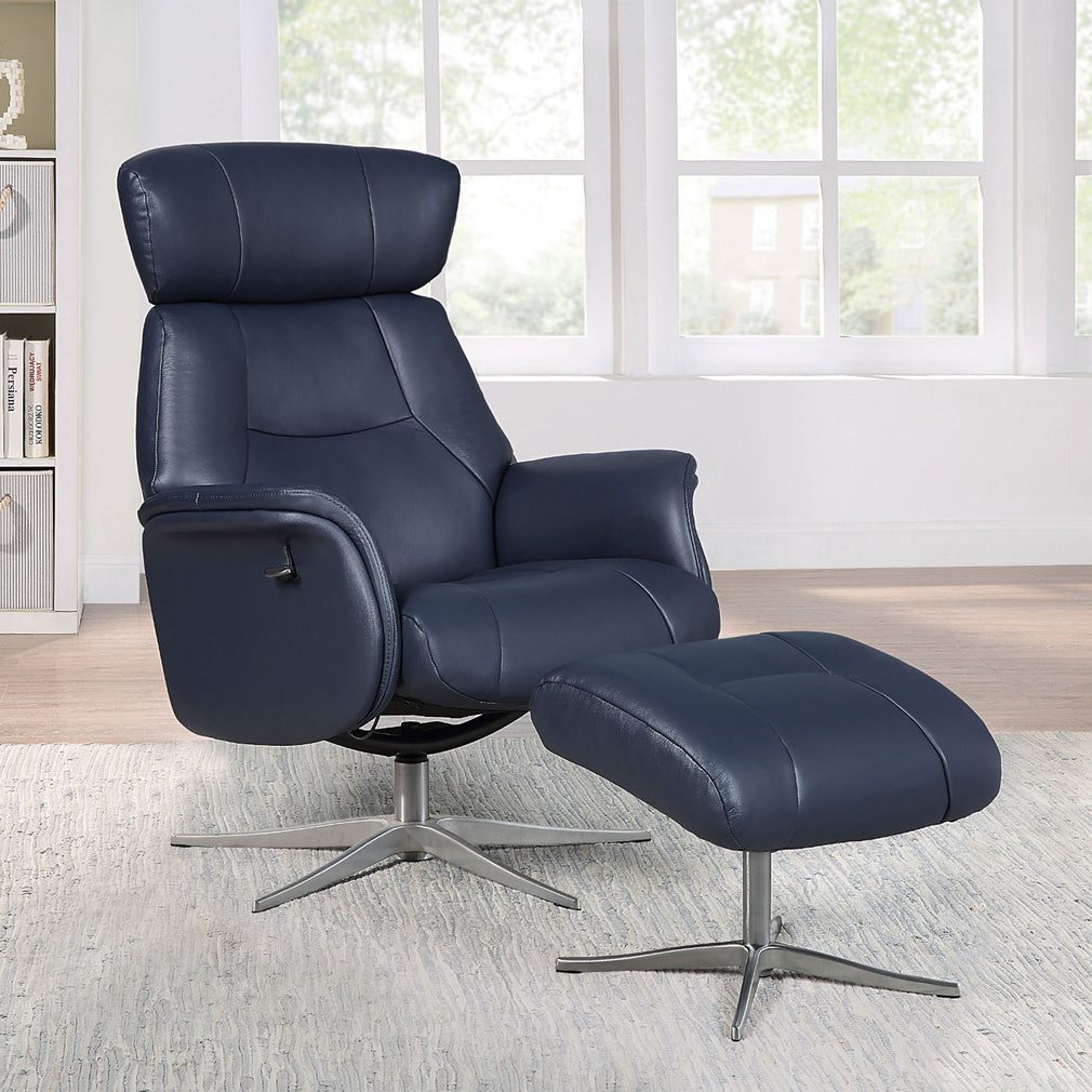 Senator - Swivel Recliner Chair & Footstool In Leather With Chrome Base Match Navy