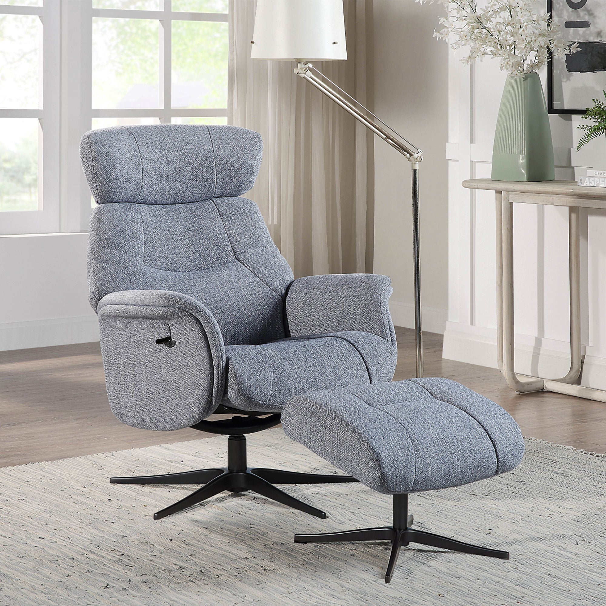 Senator - Swivel Recliner Chair & Footstool In Fabric Powder Blue