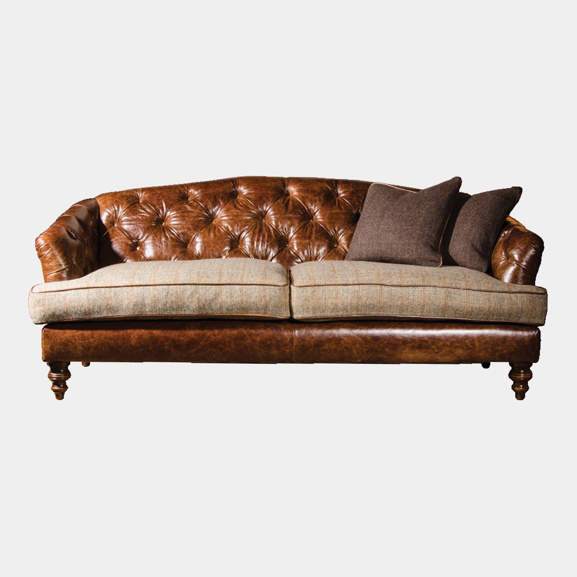 Harris Tweed Midi Sofa -  Option B - Leather Frame With Harris Tweed Seats Piped In Leather.